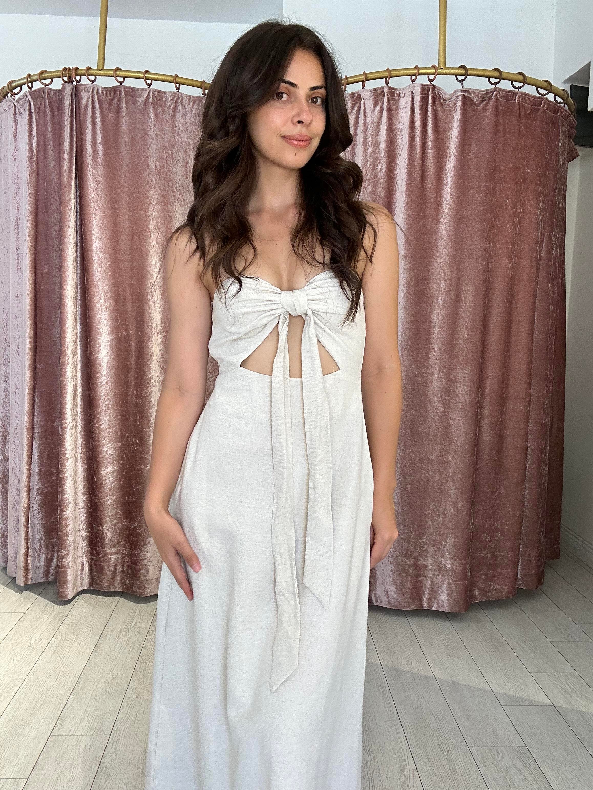 Ön Detay Sırtı Lastikli Uzun Keten Elbise 