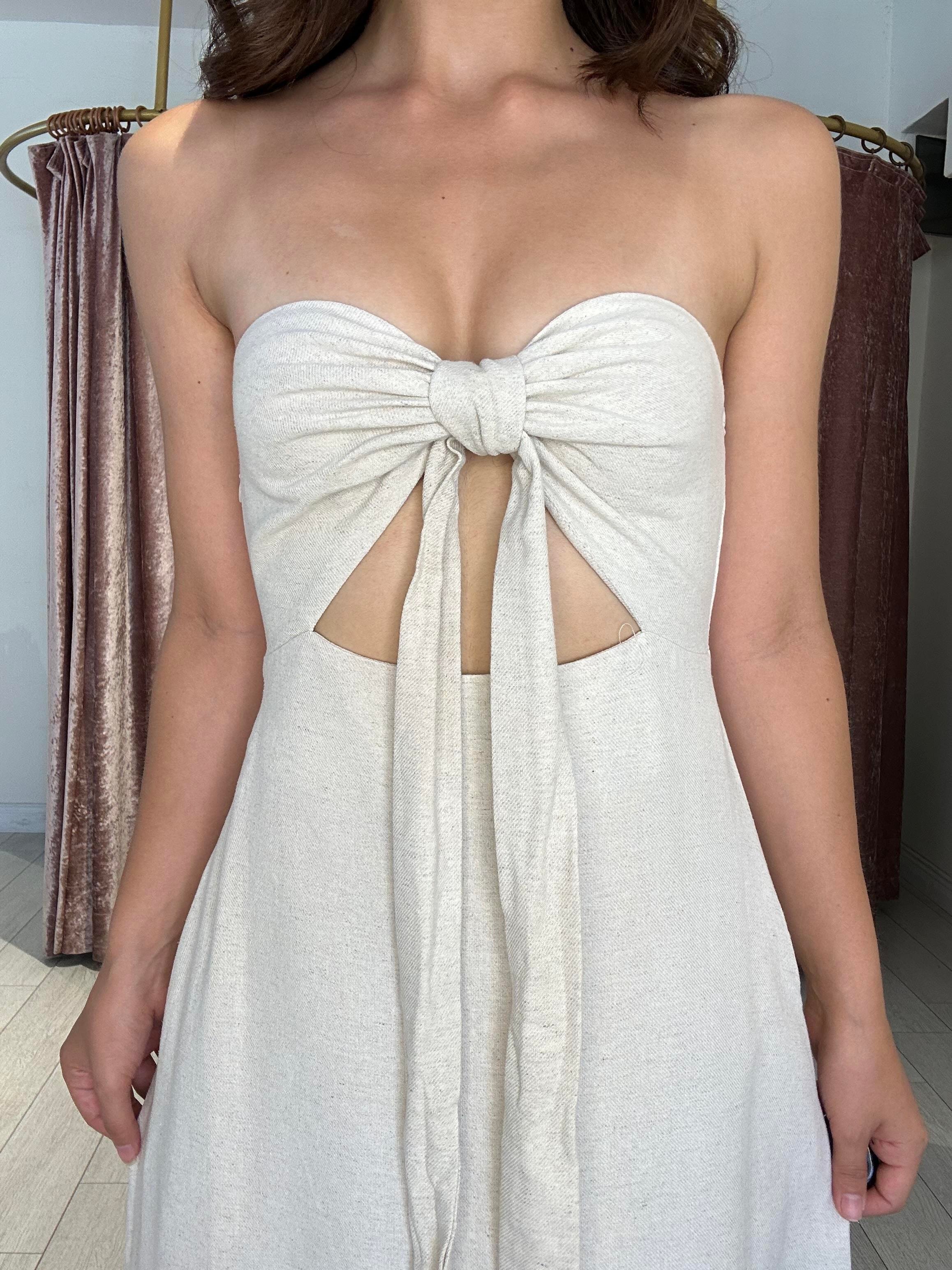 Ön Detay Sırtı Lastikli Uzun Keten Elbise 