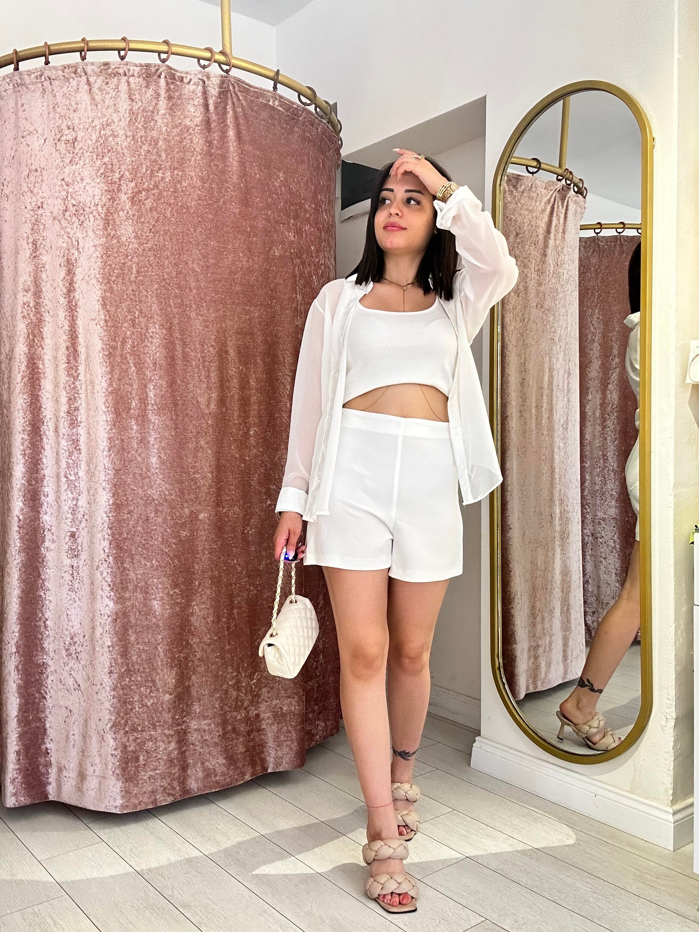 Saten Yaka Detaylı Tül Gömlek Beyaz 