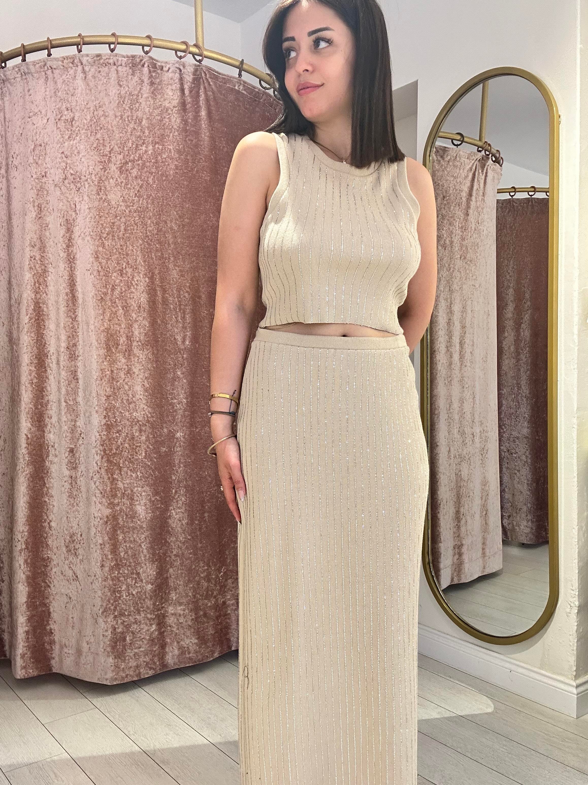 Şerit Taş Detaylı Triko Etekli Takım Bej