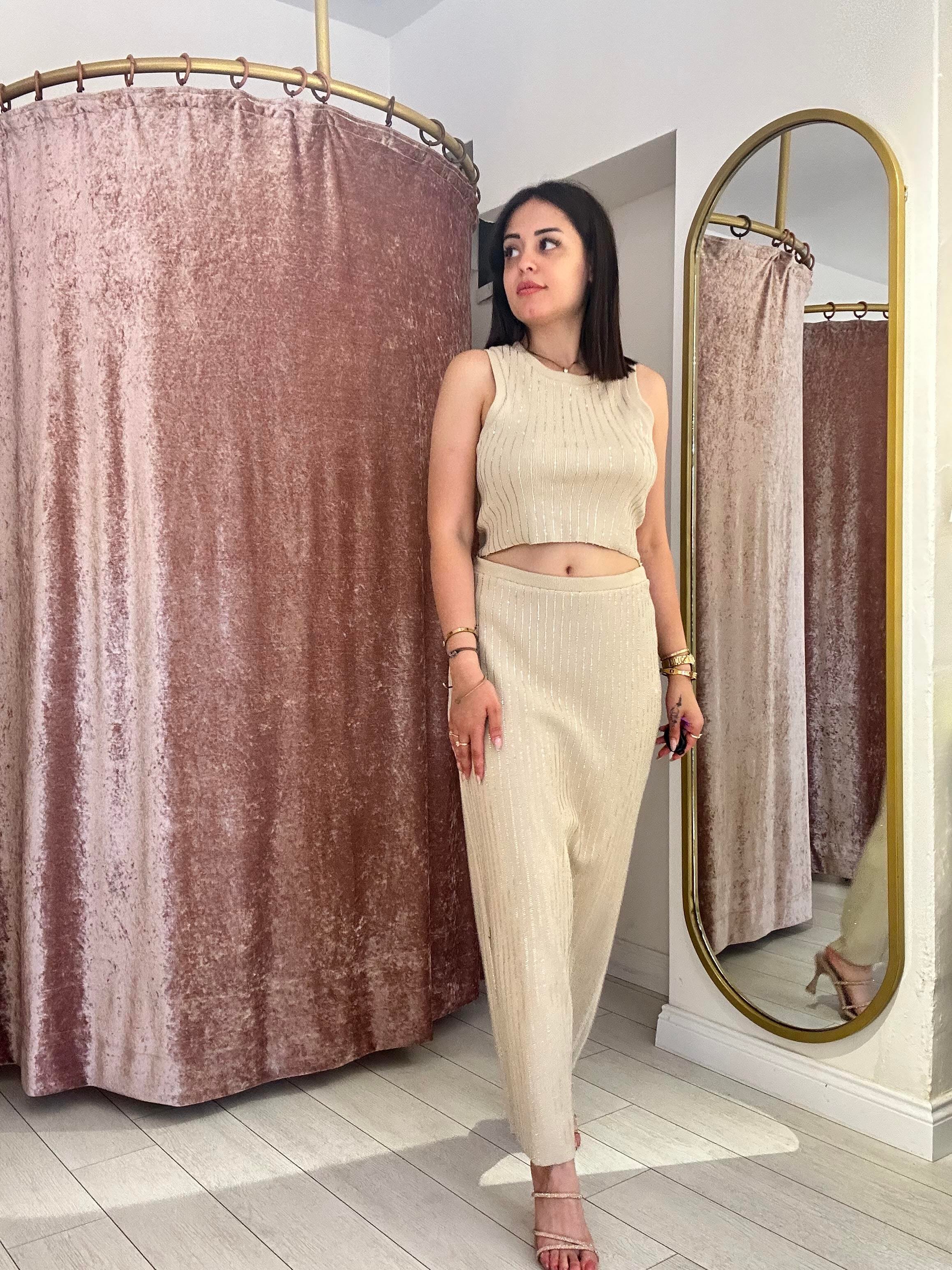 Şerit Taş Detaylı Triko Etekli Takım Bej