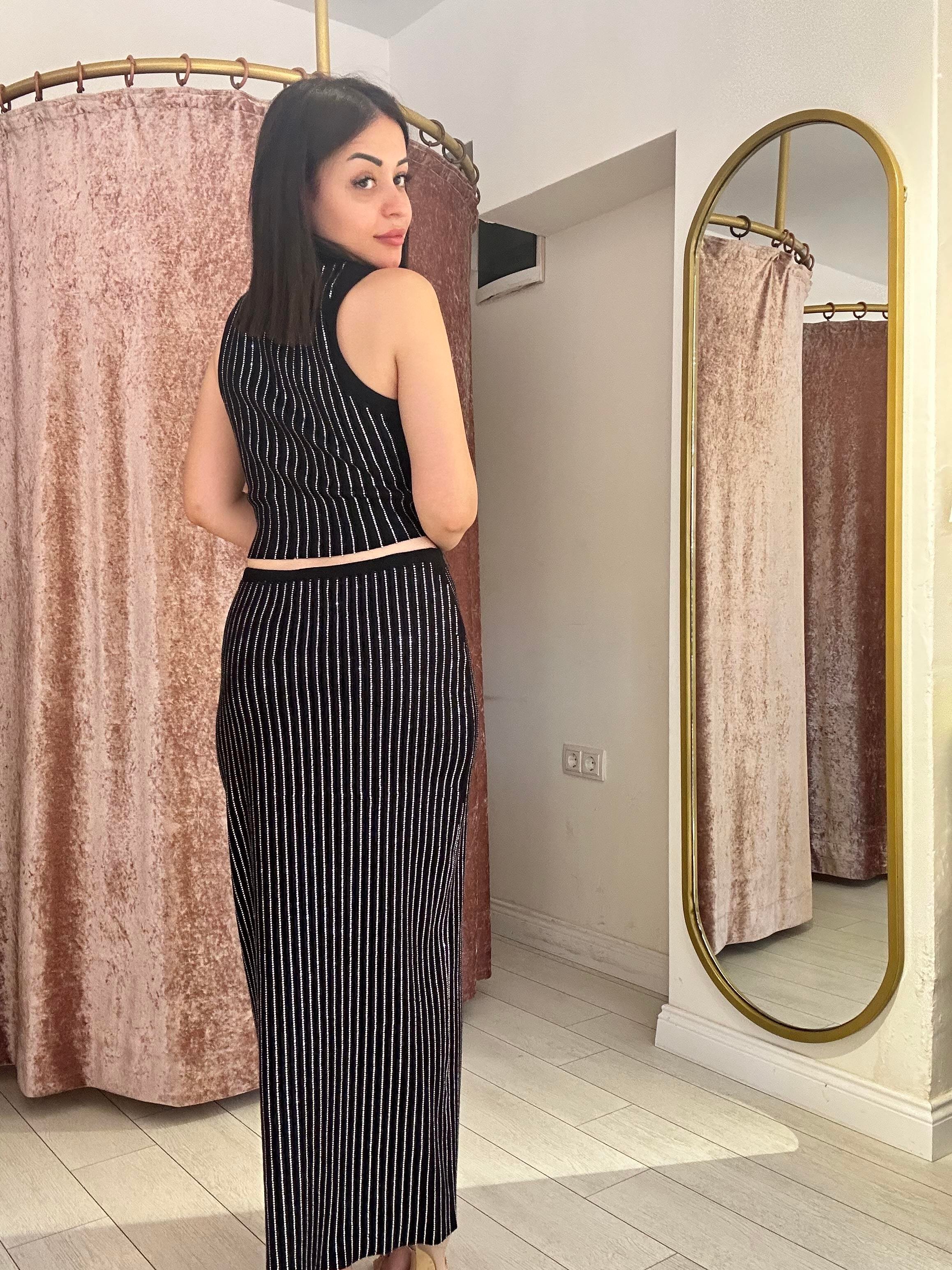 Şerit Taş Detaylı Triko Etekli Takım Siyah