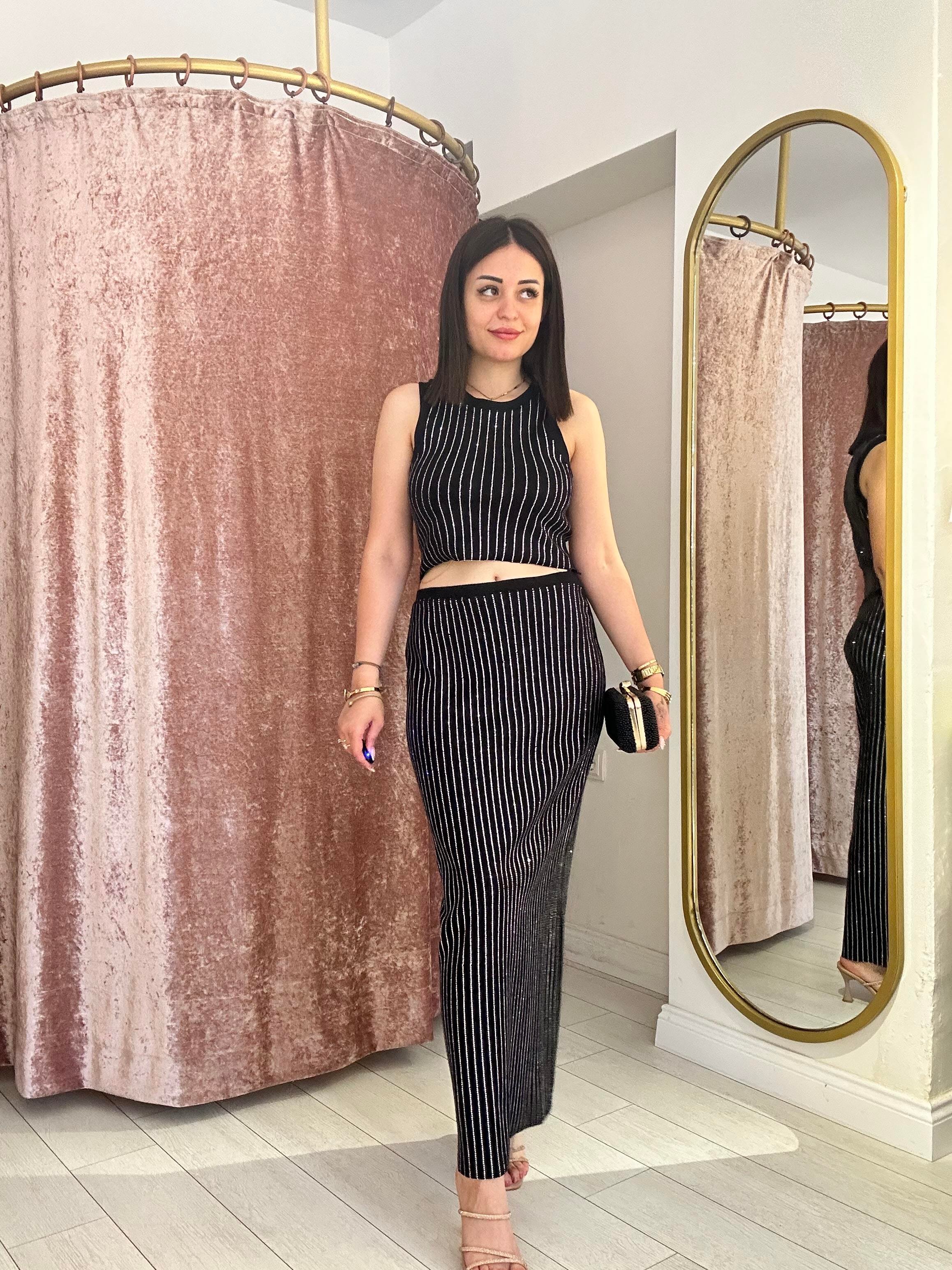 Şerit Taş Detaylı Triko Etekli Takım Siyah