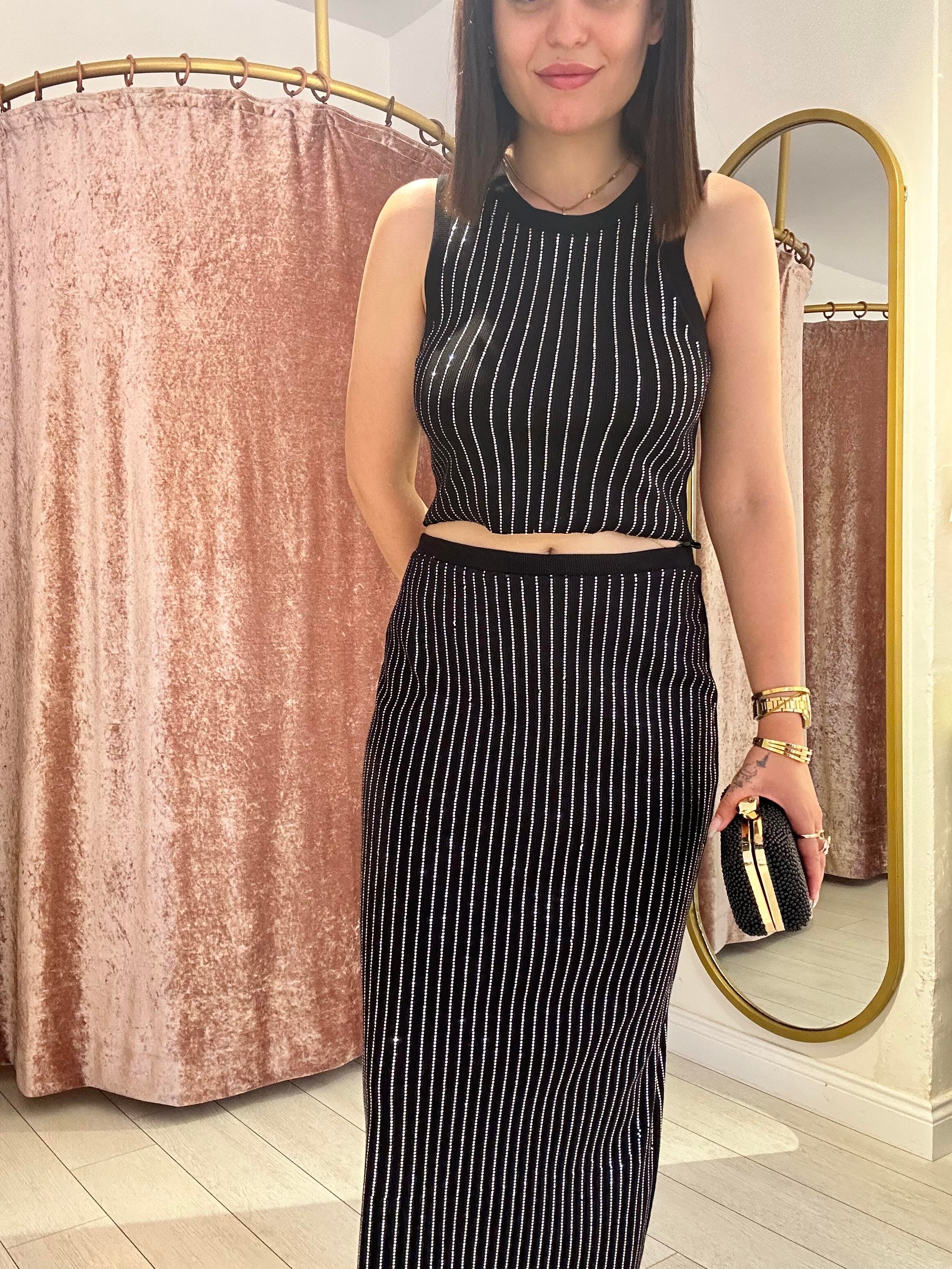 Şerit Taş Detaylı Triko Etekli Takım Siyah