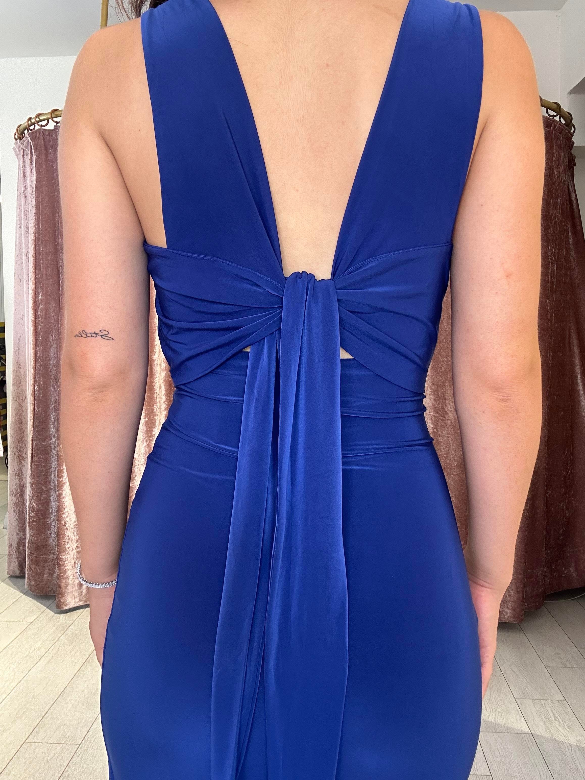 Sırt Dekolteli Yan Yırtmaçlı Uzun Elbise Mavi