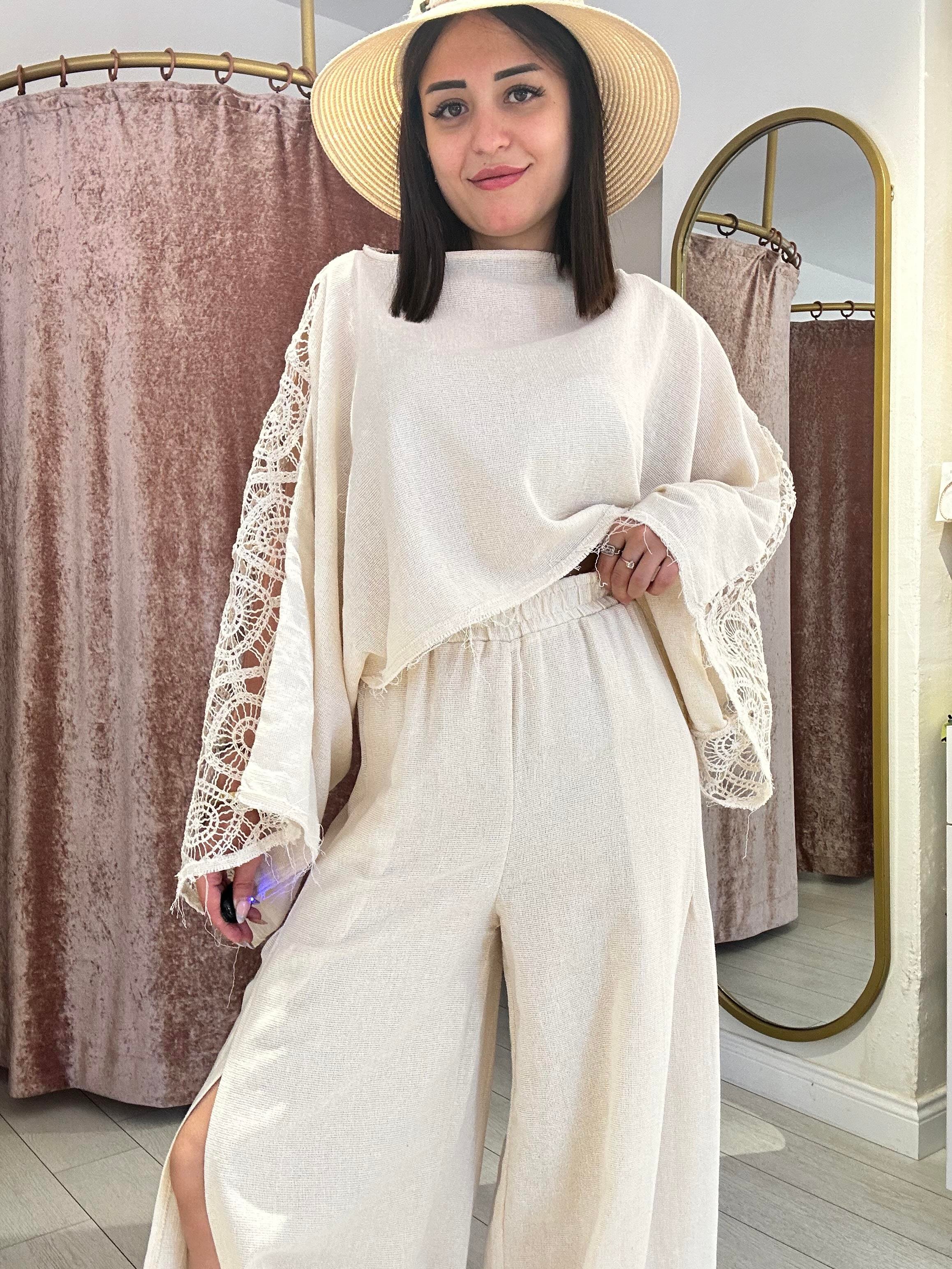 Sırt Detay Keten Takım Bej