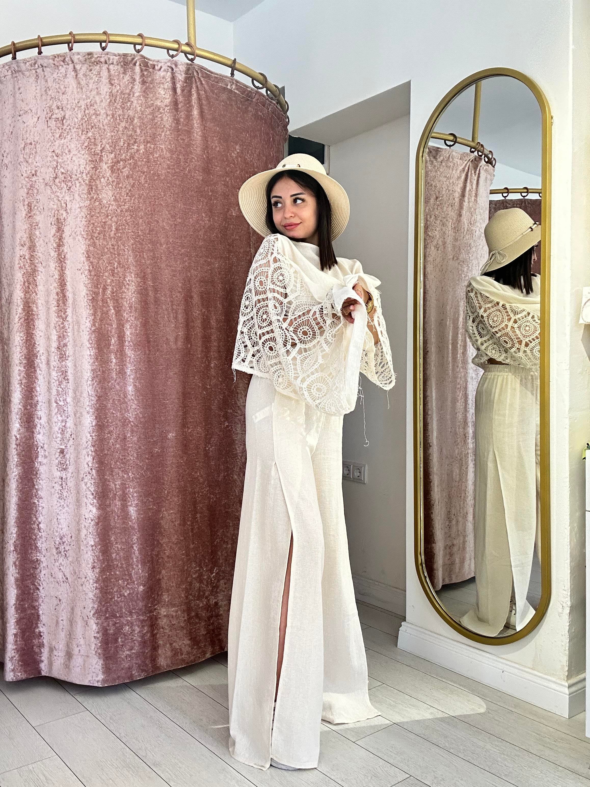 Sırt Detay Keten Takım Bej