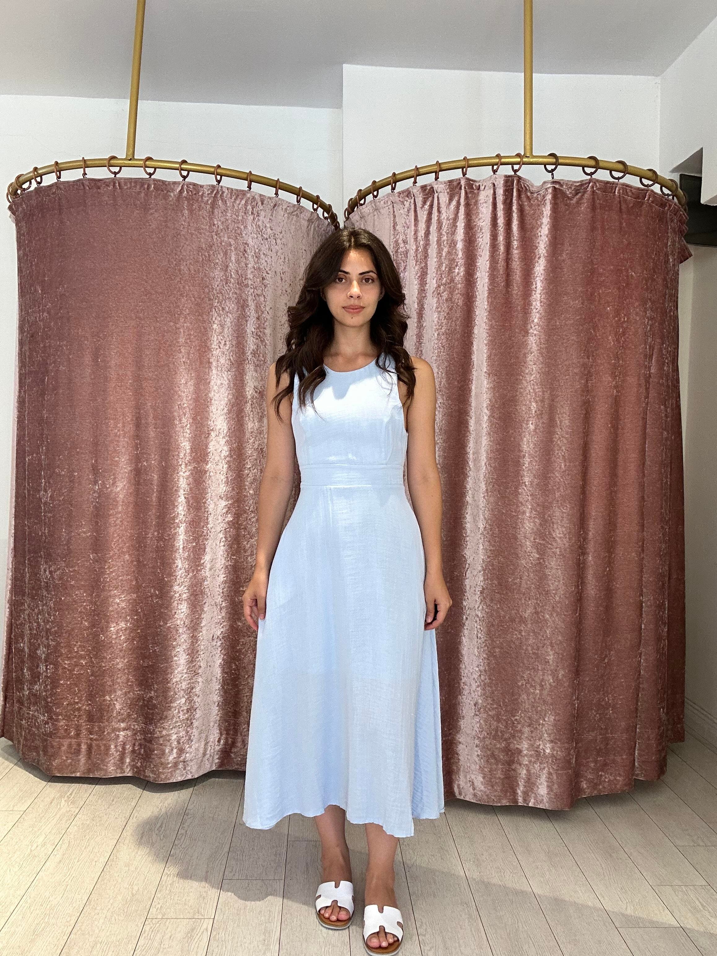 Sırt Detay Müslin Kumaş Midi Elbise Açık Mavi 