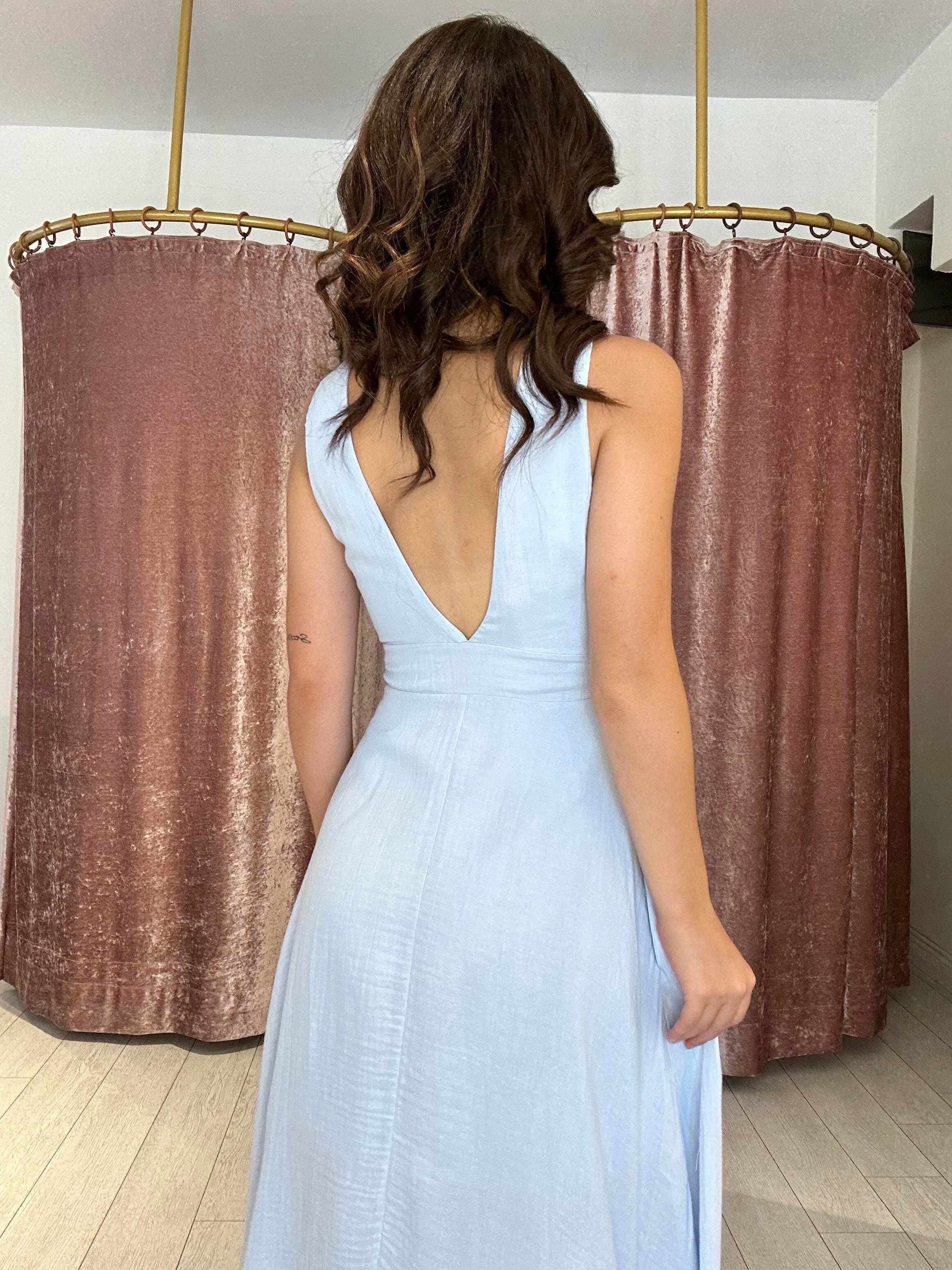 Sırt Detay Müslin Kumaş Midi Elbise Açık Mavi 