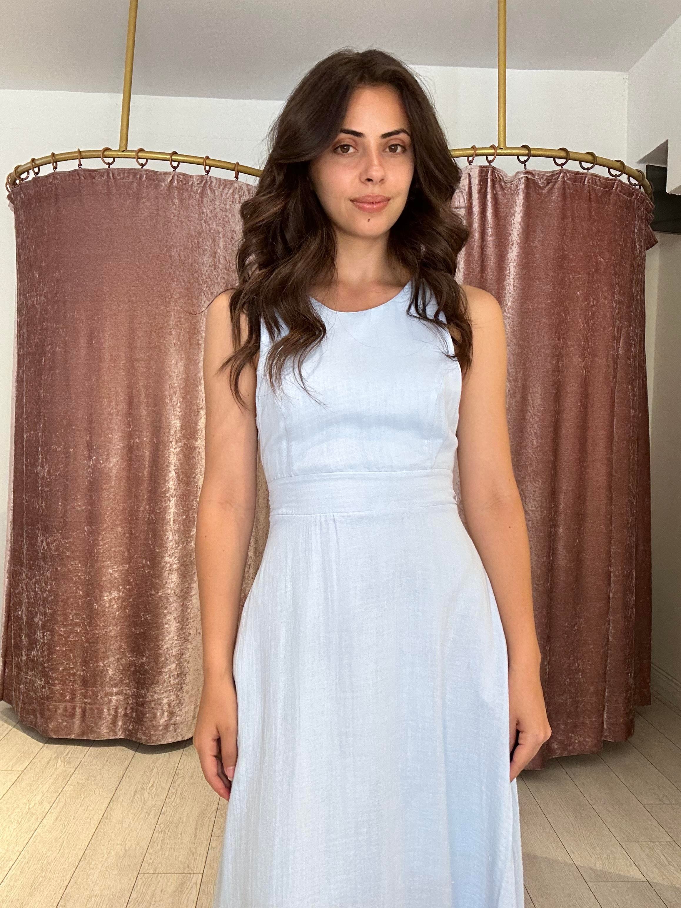 Sırt Detay Müslin Kumaş Midi Elbise Açık Mavi 