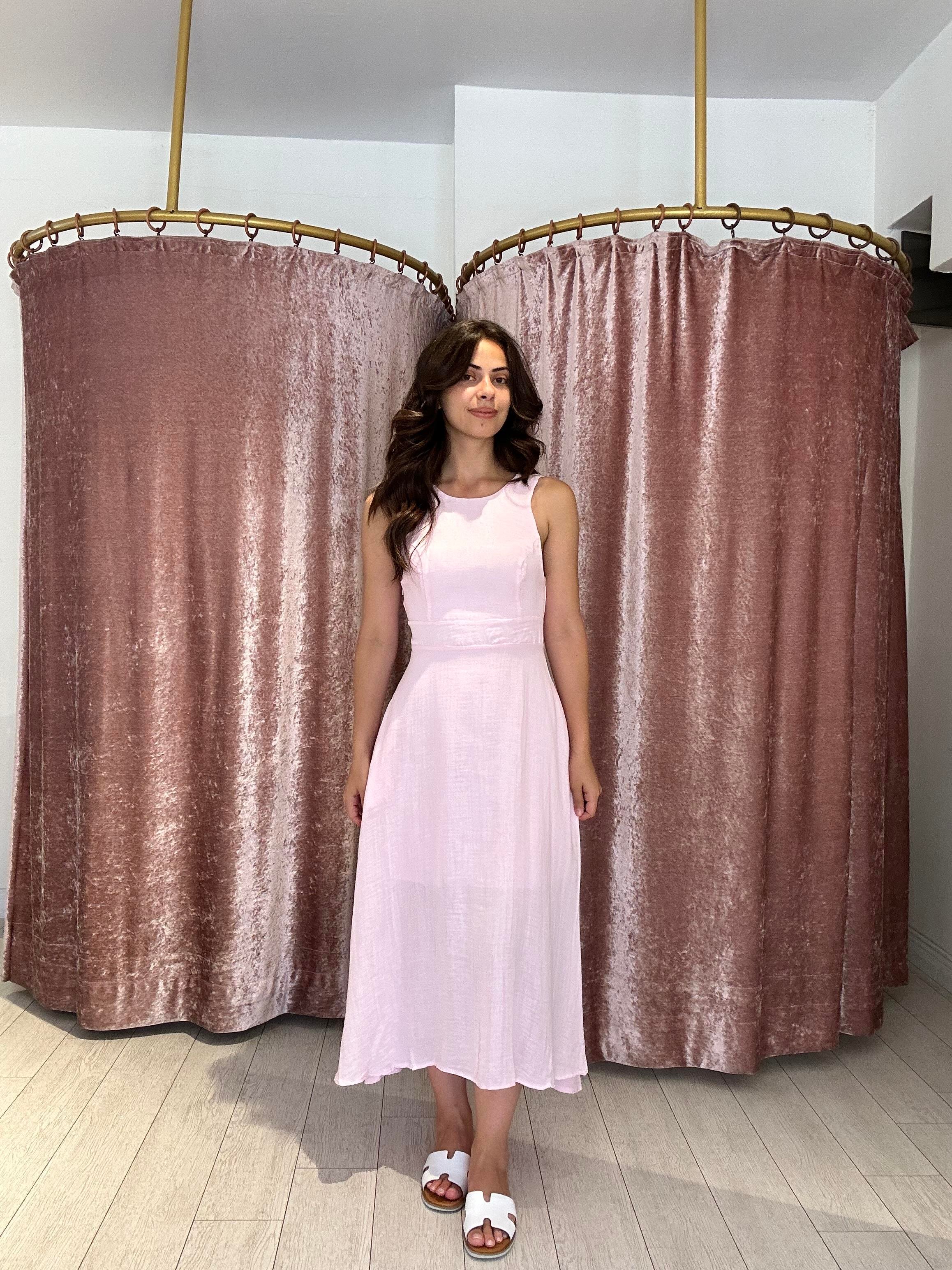 Sırt Detay Müslin Kumaş Midi Elbise Pembe 