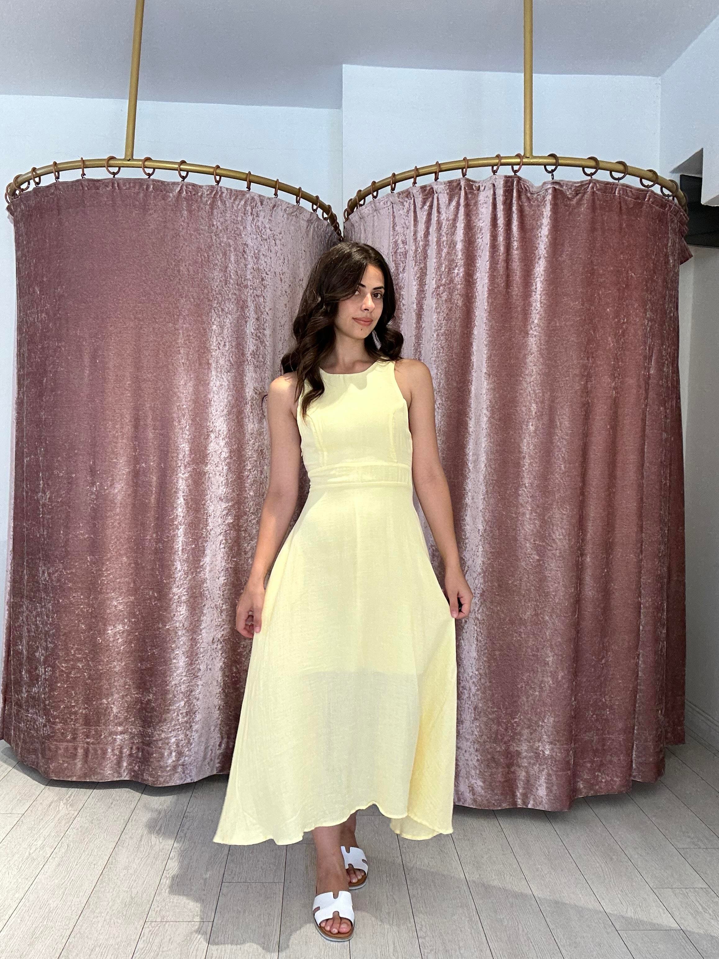 Sırt Detay Müslin Kumaş Midi Elbise Sarı 