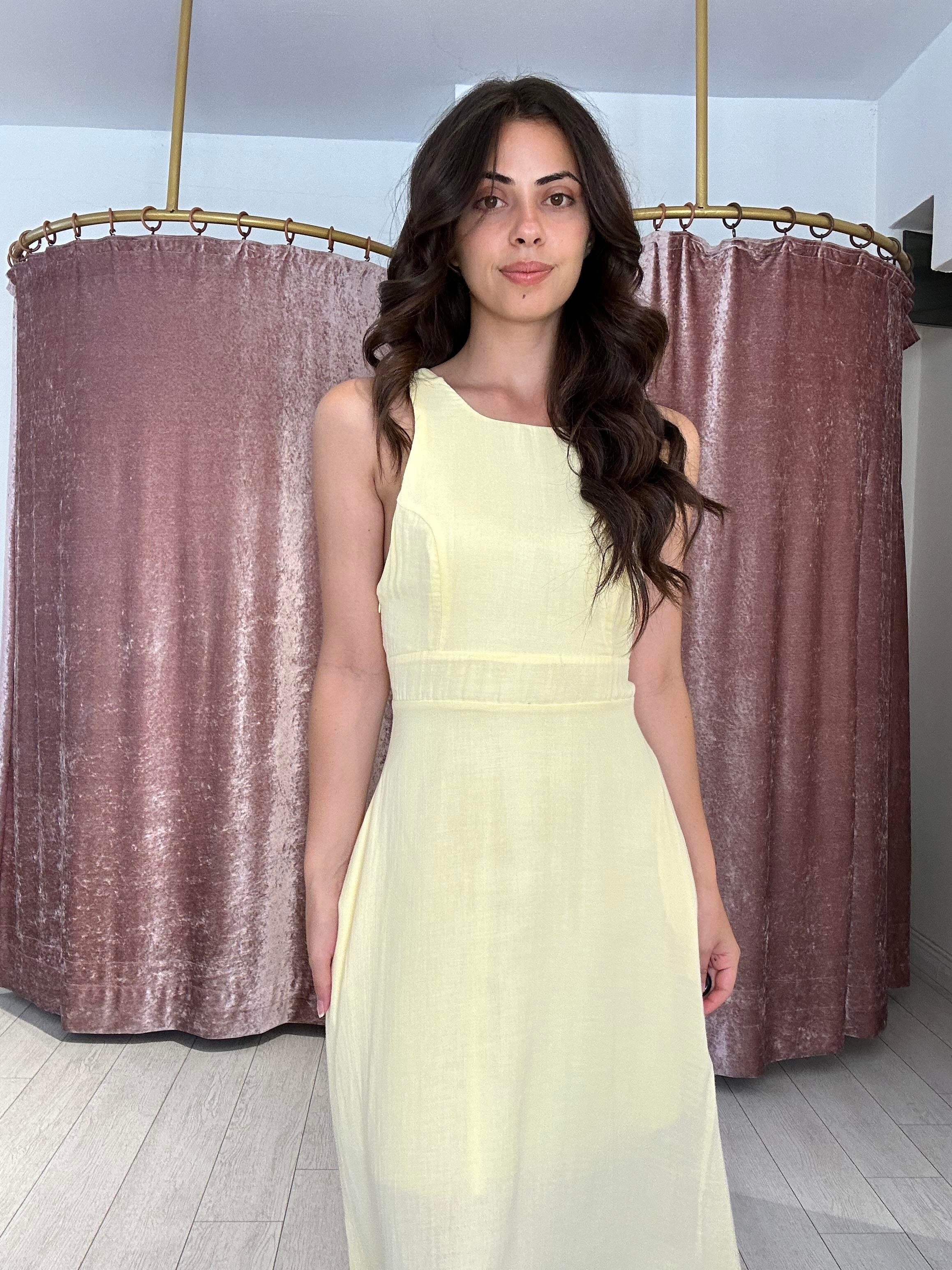 Sırt Detay Müslin Kumaş Midi Elbise Sarı 