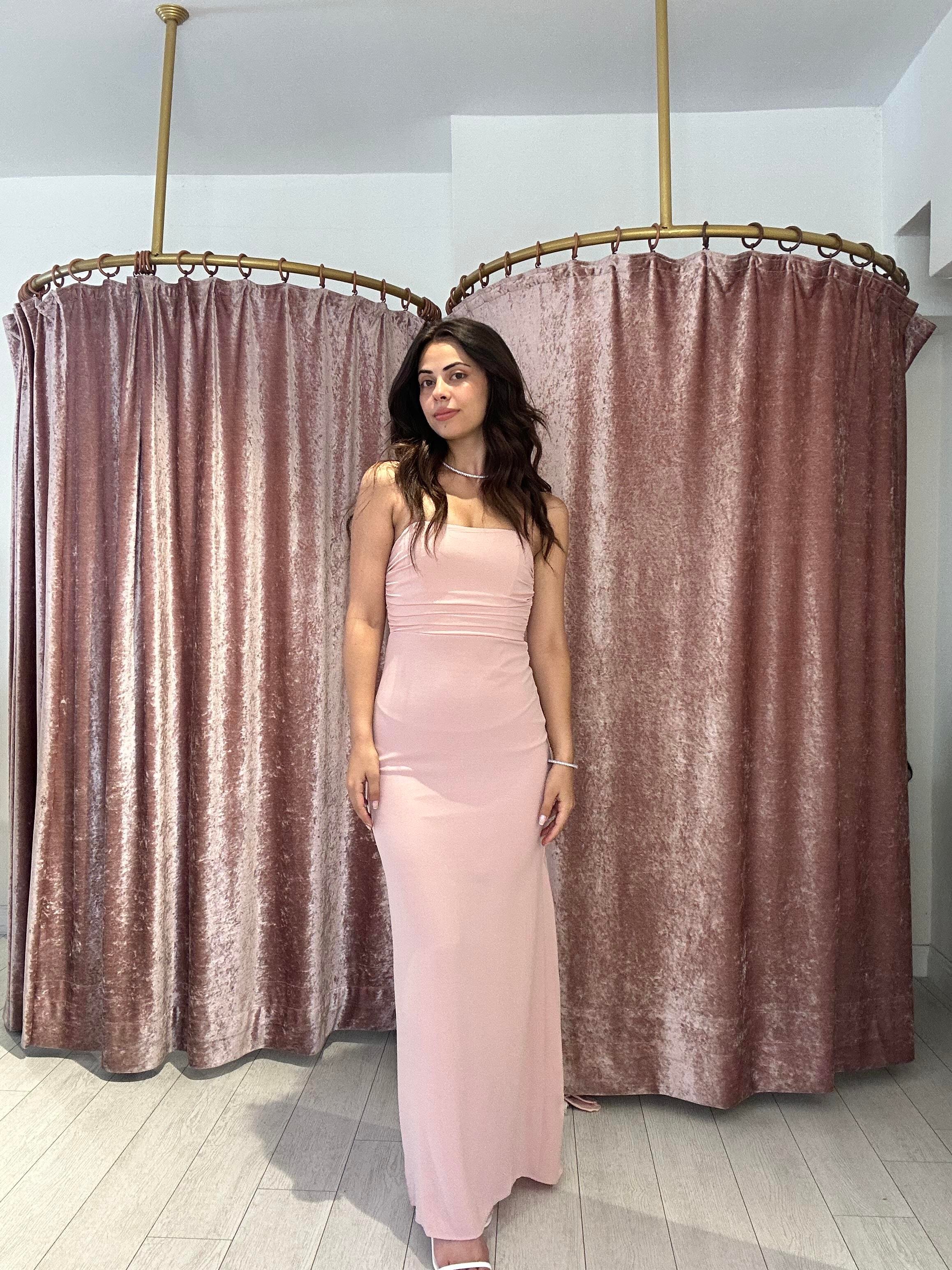 Sırt Detay Uzun Gece Elbisesi Pudra