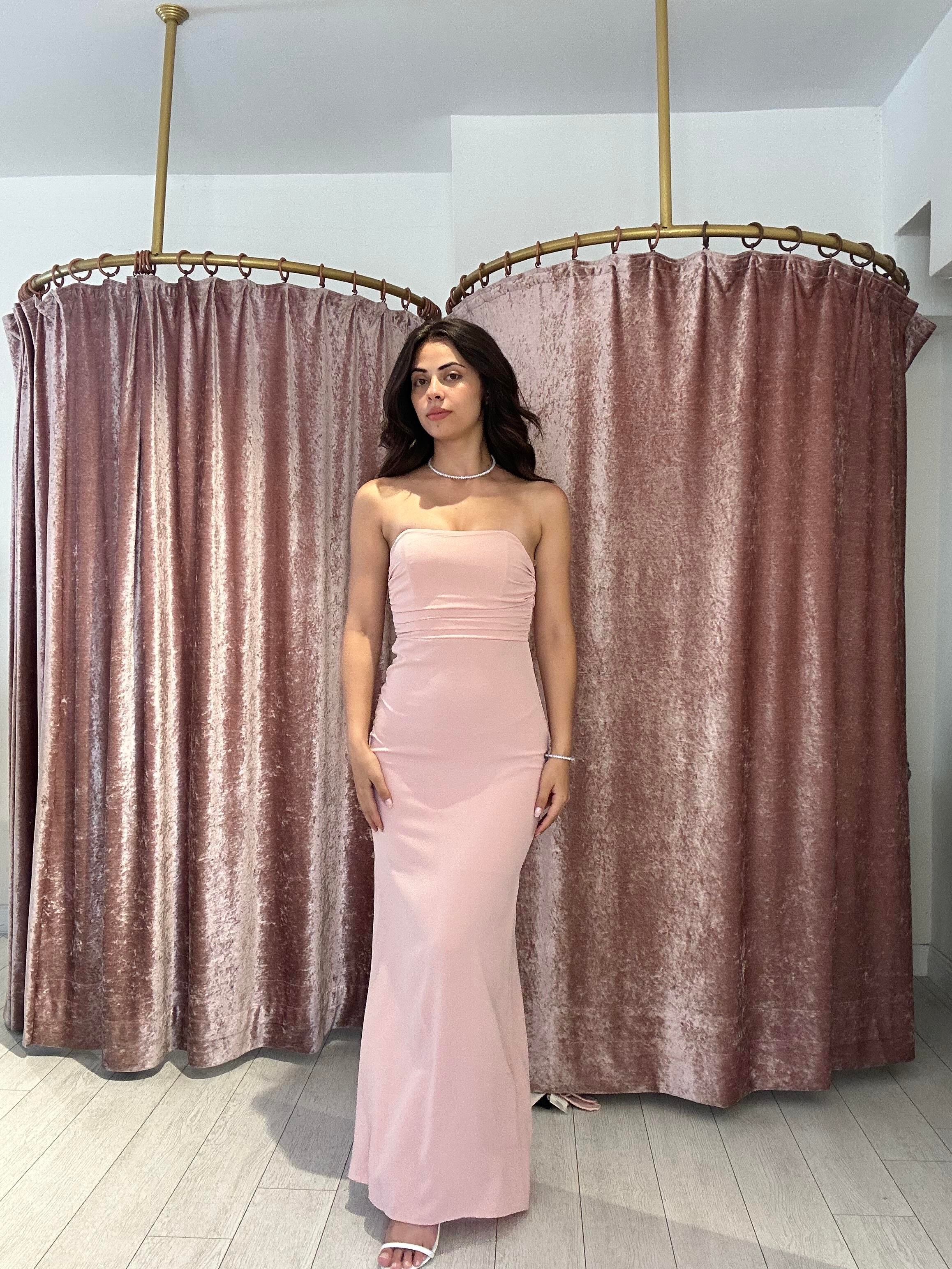 Sırt Detay Uzun Gece Elbisesi Pudra