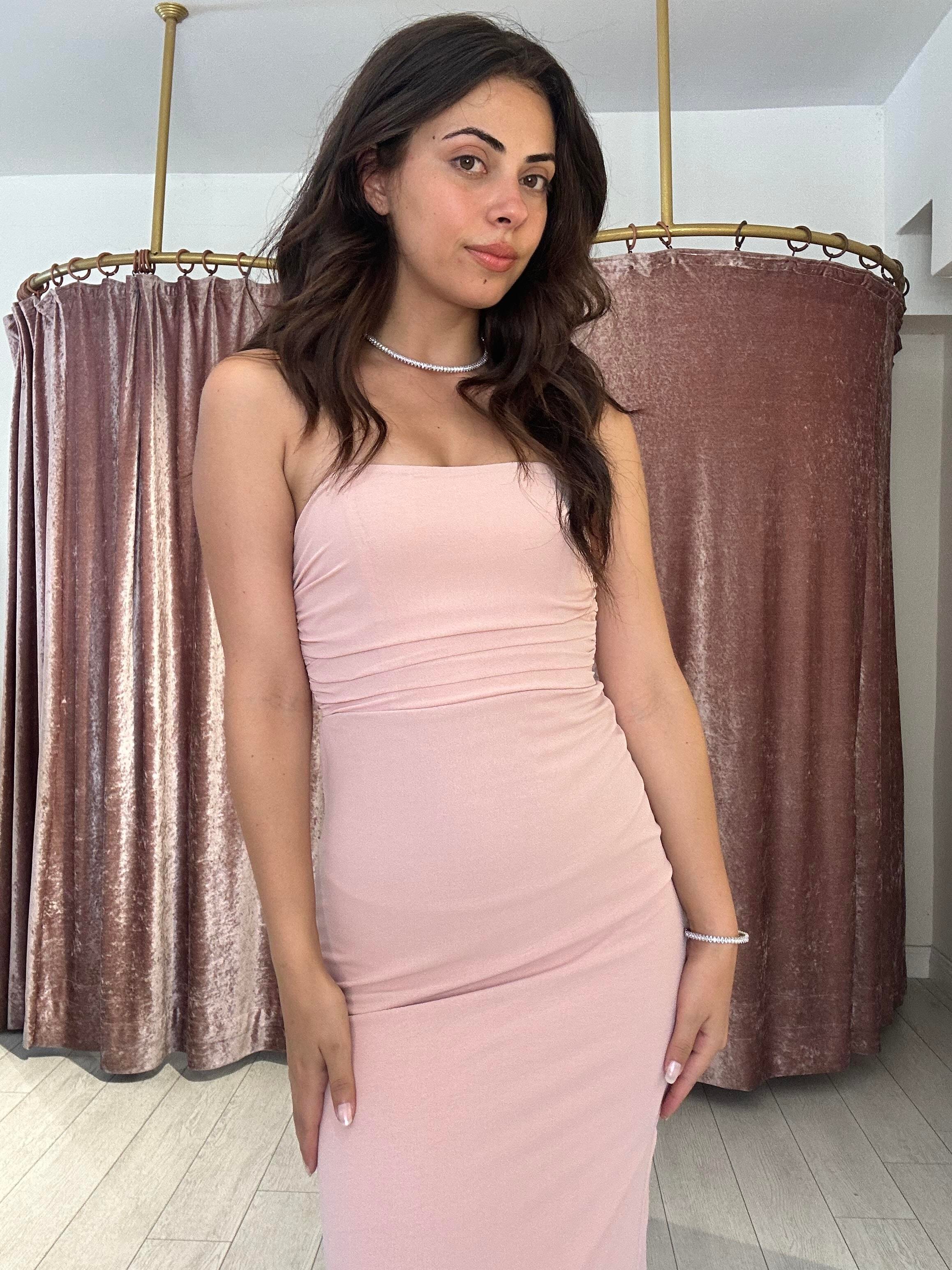 Sırt Detay Uzun Gece Elbisesi Pudra