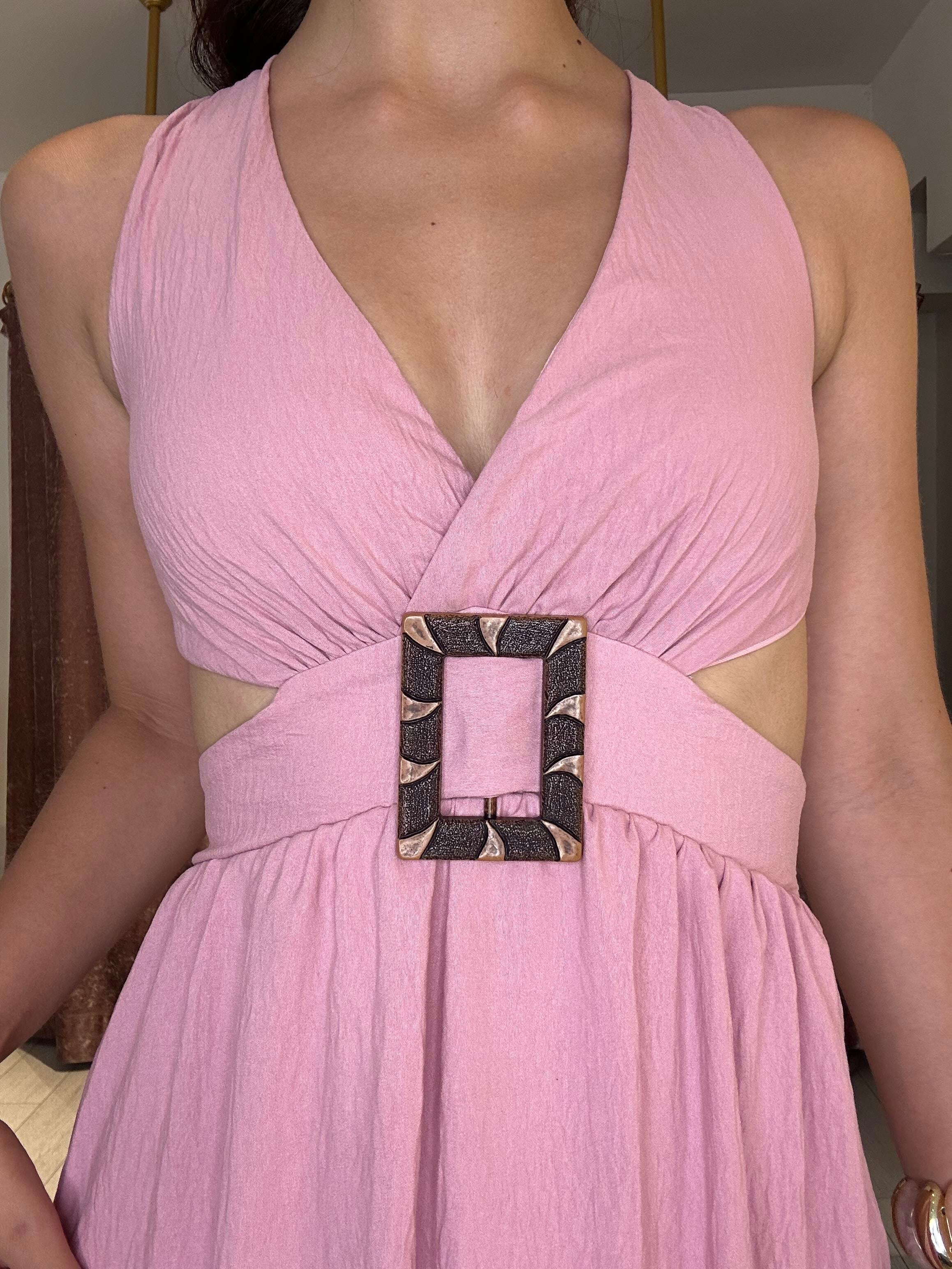 Sırt Ve Pencere Detay Tokalı Uzun Elbise Pembe