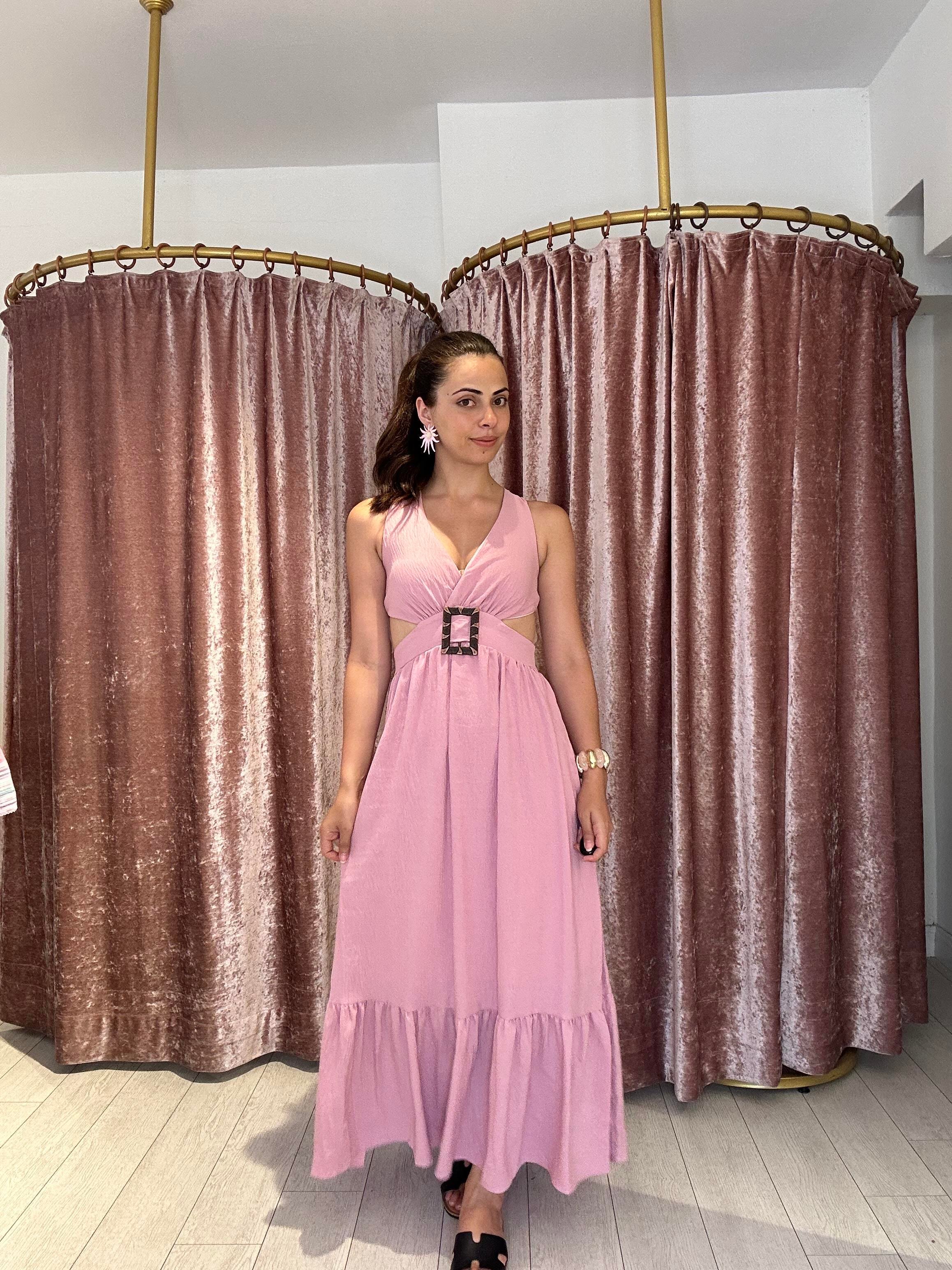 Sırt Ve Pencere Detay Tokalı Uzun Elbise Pembe