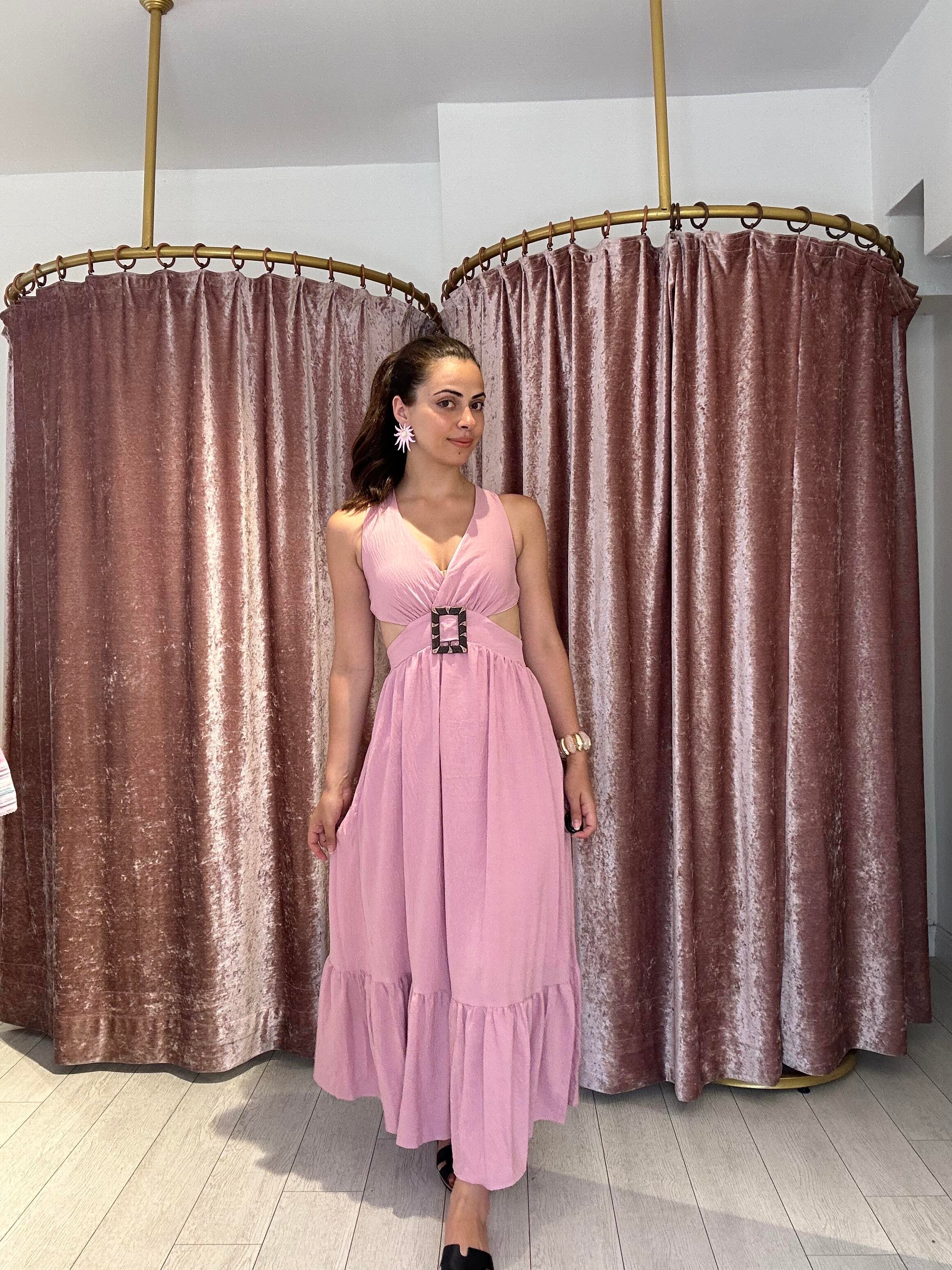 Sırt Ve Pencere Detay Tokalı Uzun Elbise Pembe