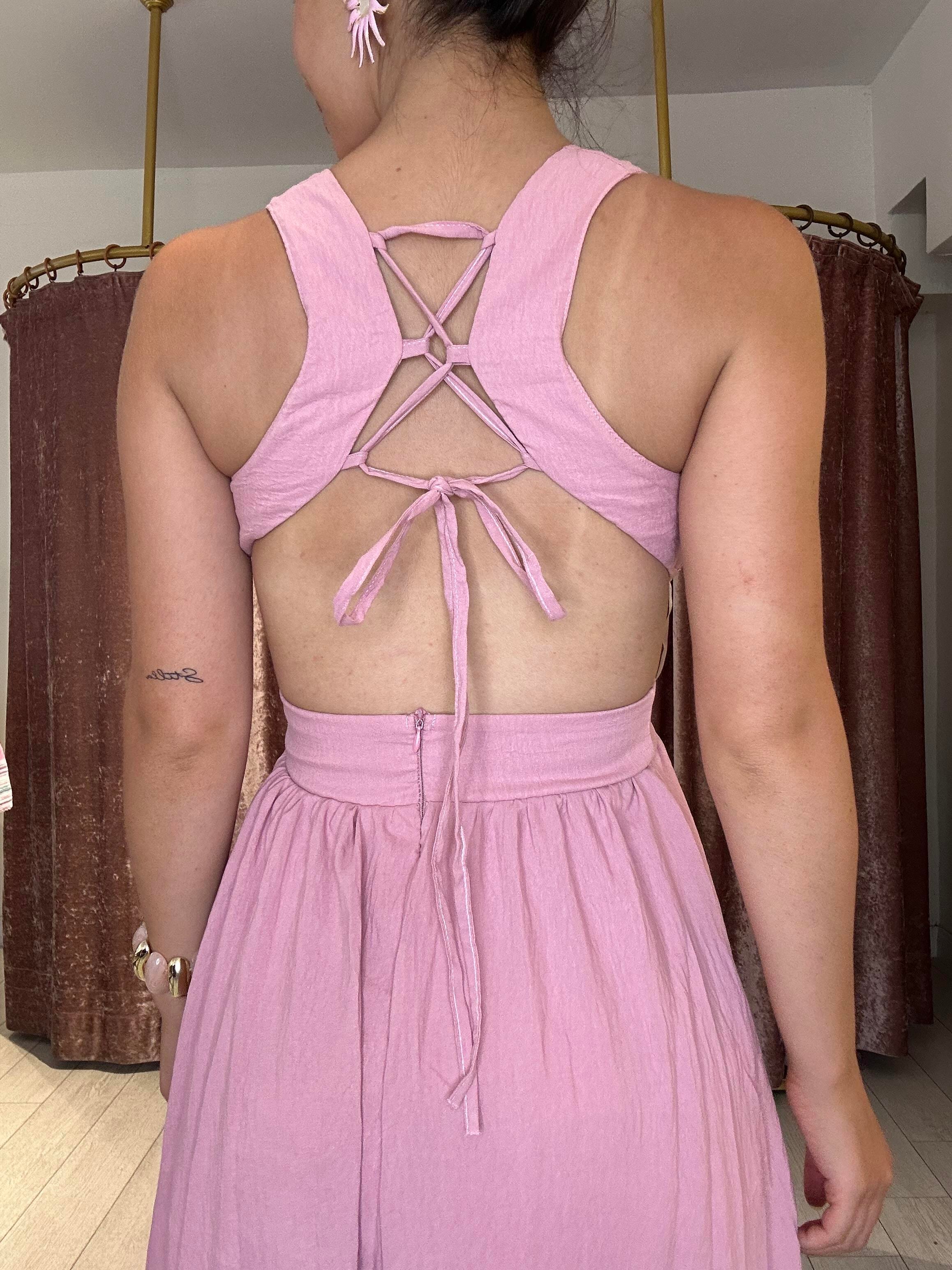 Sırt Ve Pencere Detay Tokalı Uzun Elbise Pembe