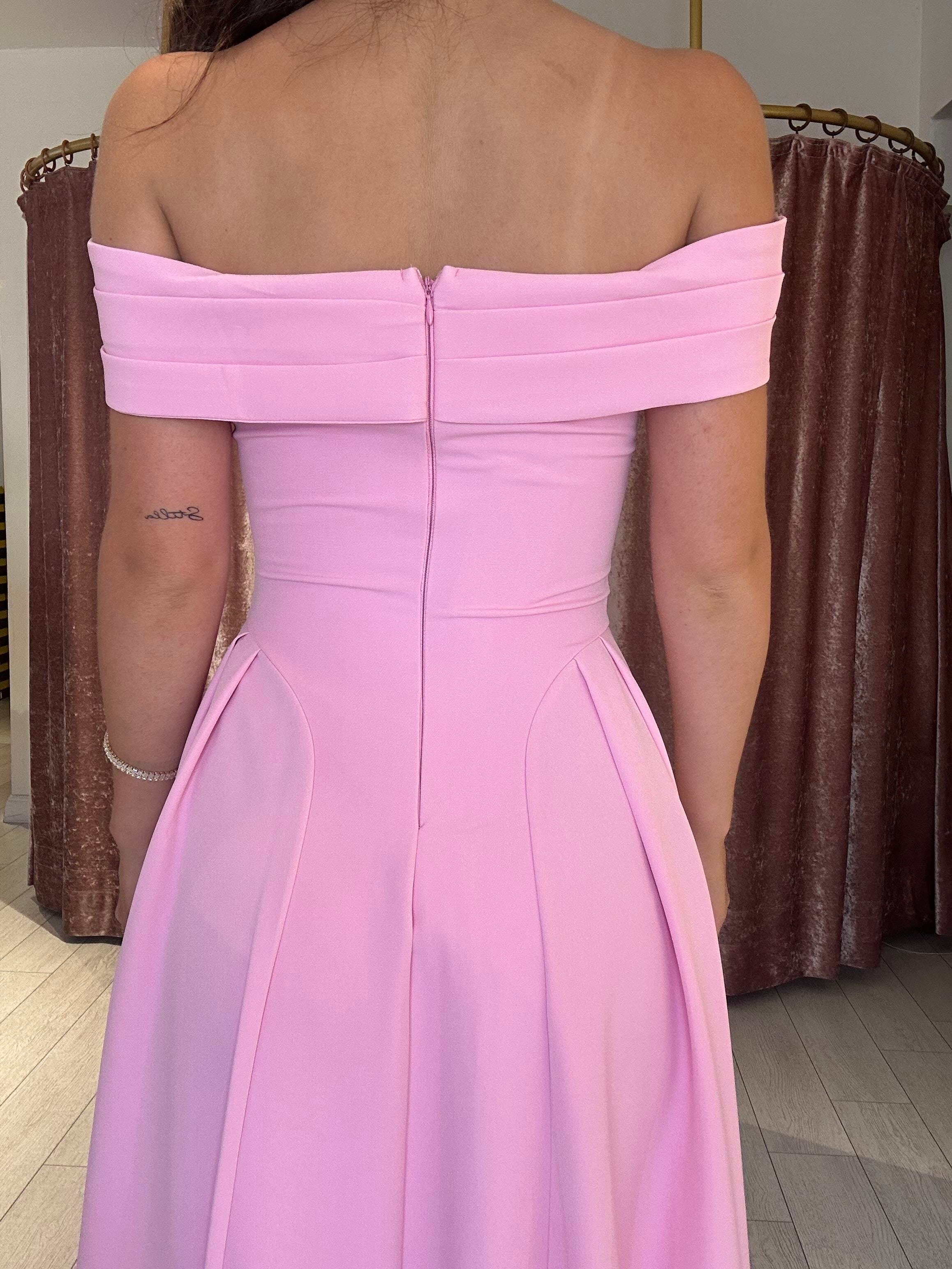 Straplez Omuz Detay Uzun Elbise Pembe 