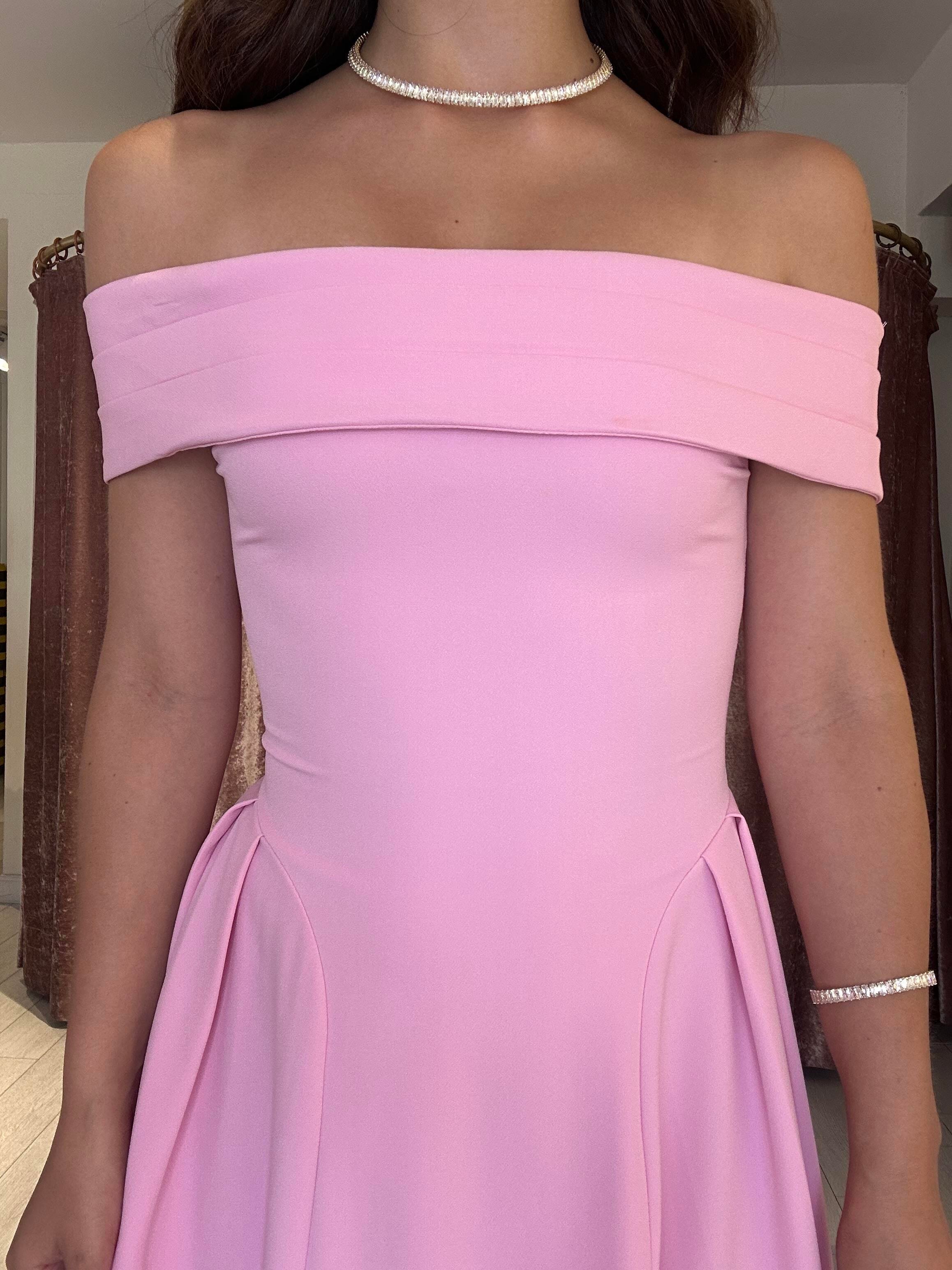 Straplez Omuz Detay Uzun Elbise Pembe 