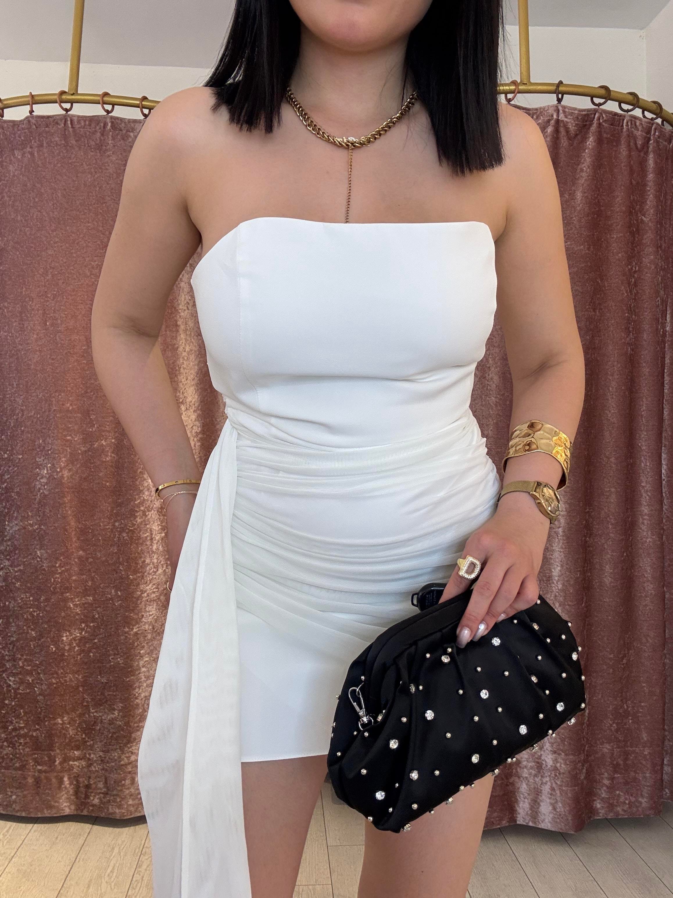 Straplez Tül Elbise Beyaz