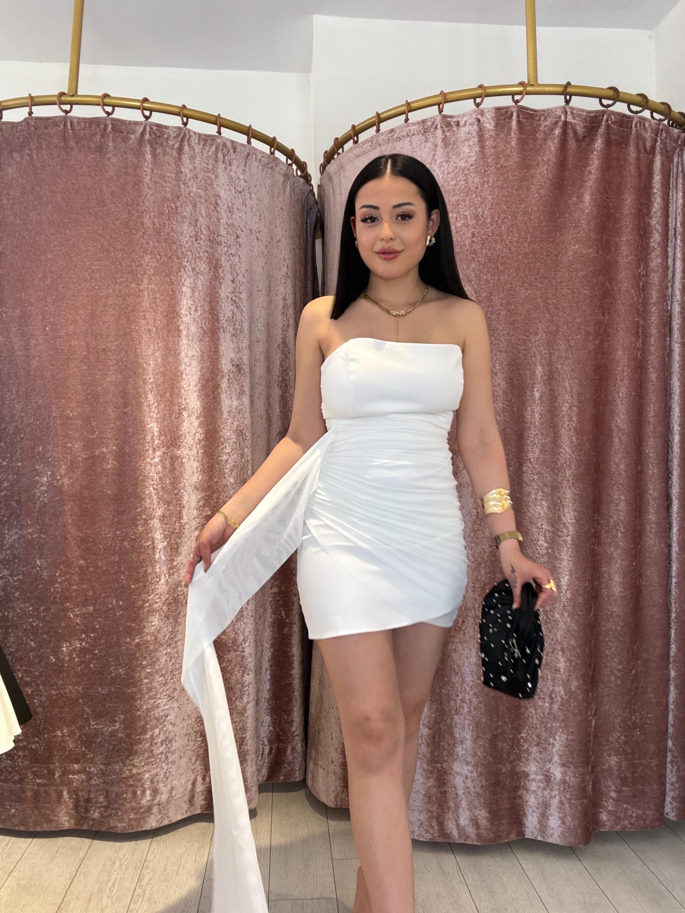 Straplez Tül Elbise Beyaz