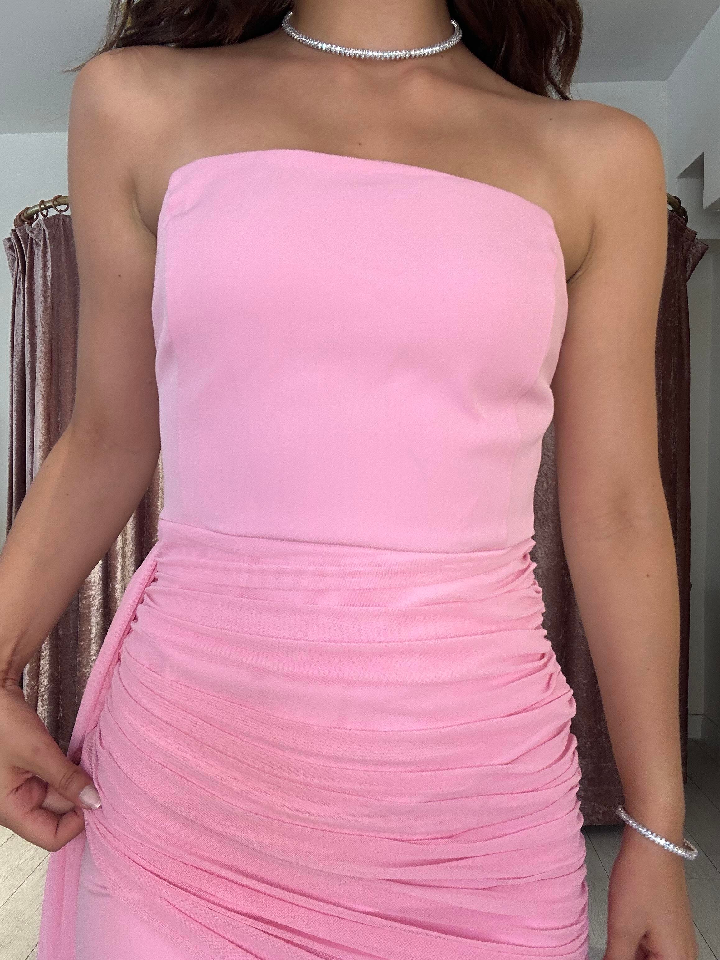 Straplez Tül Mini Elbise Pembe