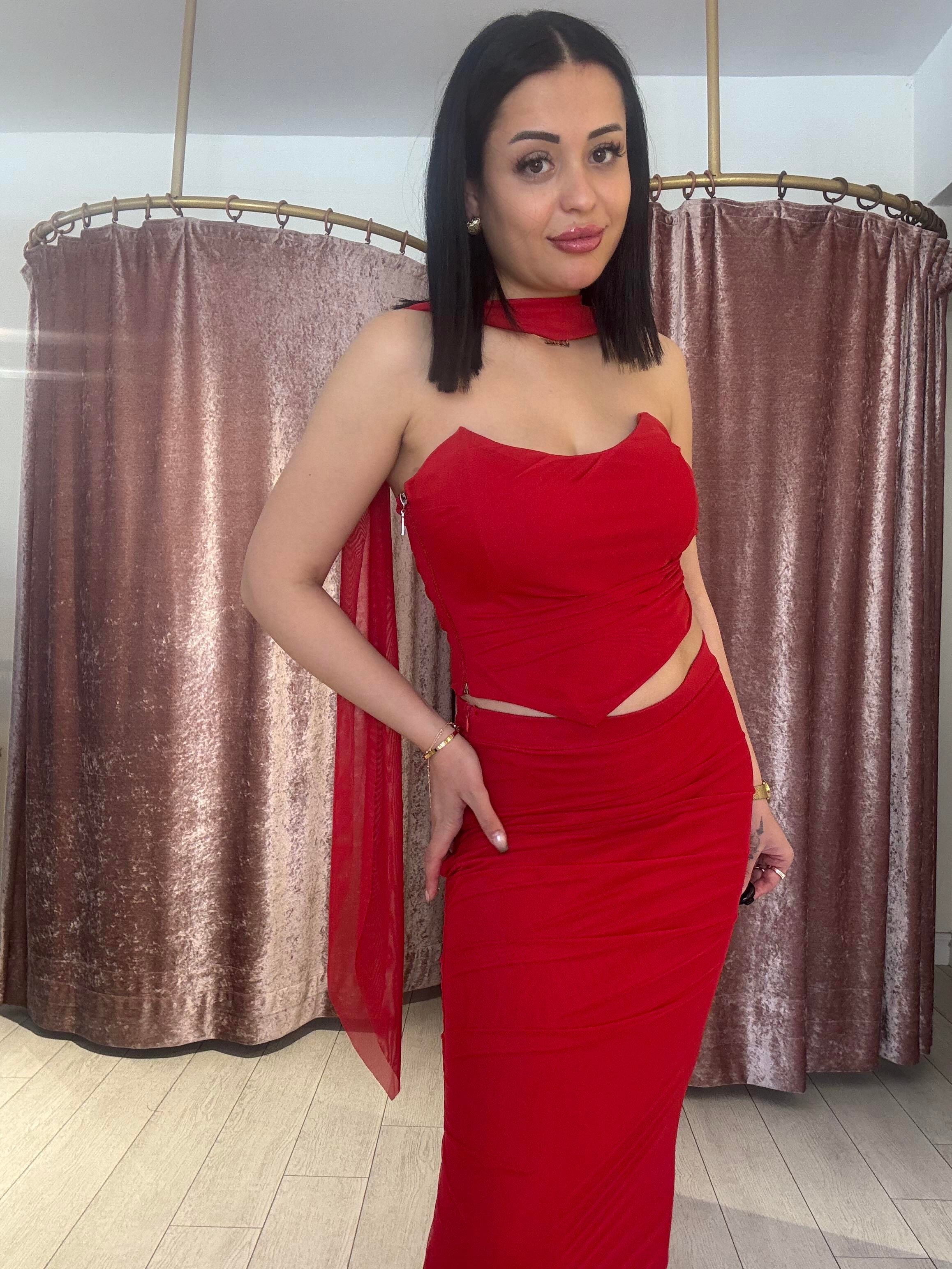 Straplez Uzun İkili Takım Kırmızı