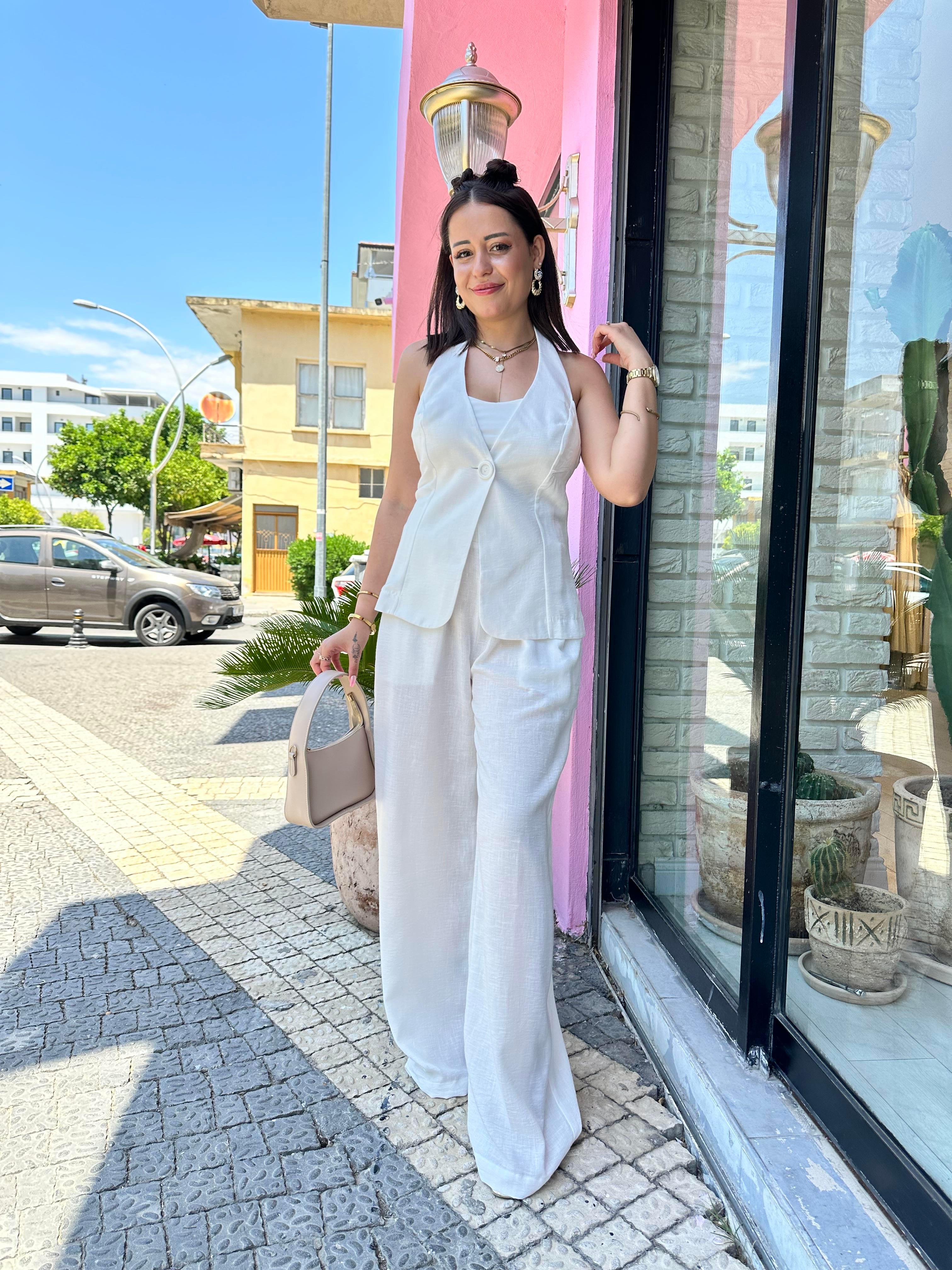 Tek Düğmeli Yelekli Keten Takım Beyaz