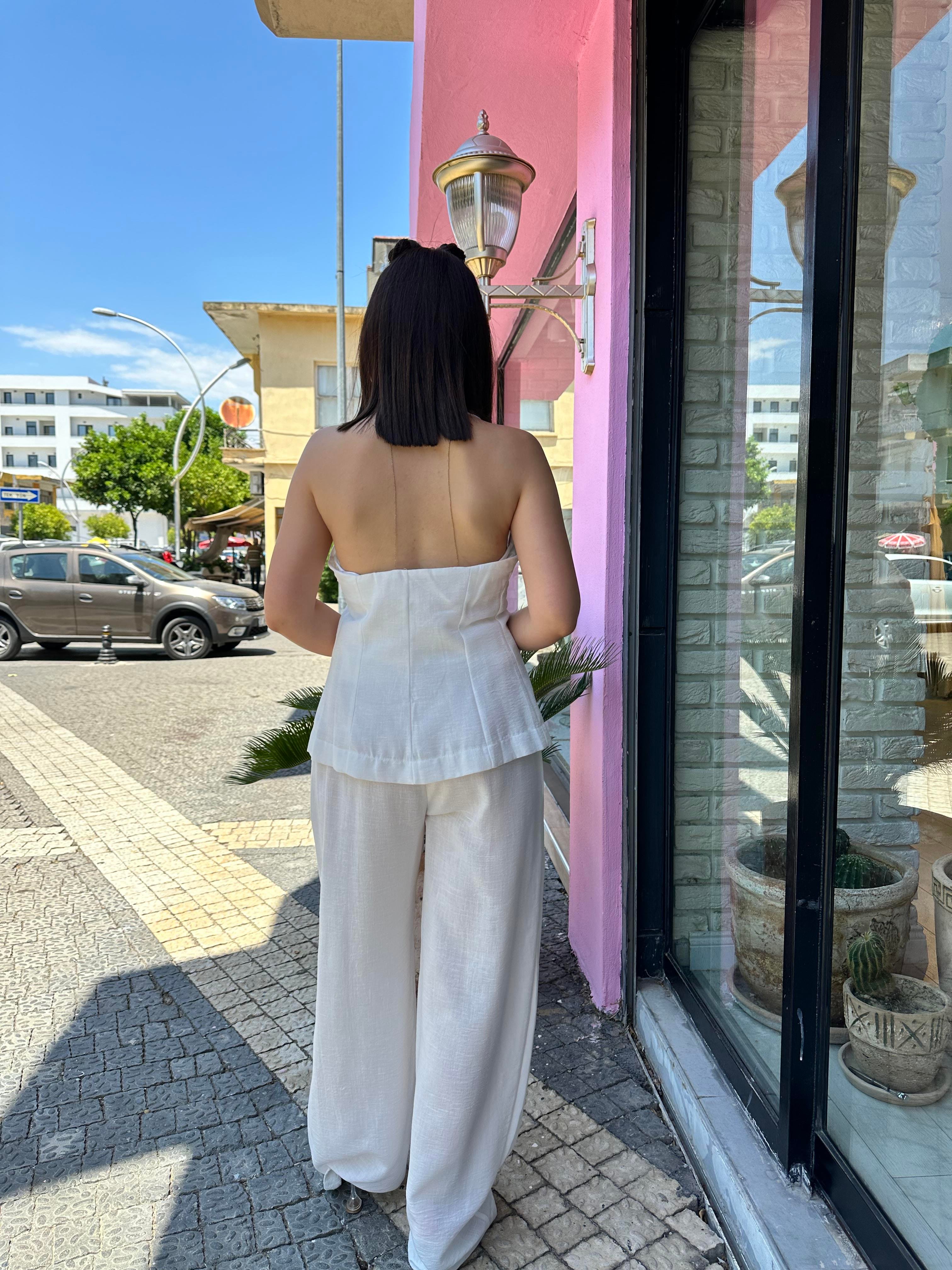 Tek Düğmeli Yelekli Keten Takım Beyaz