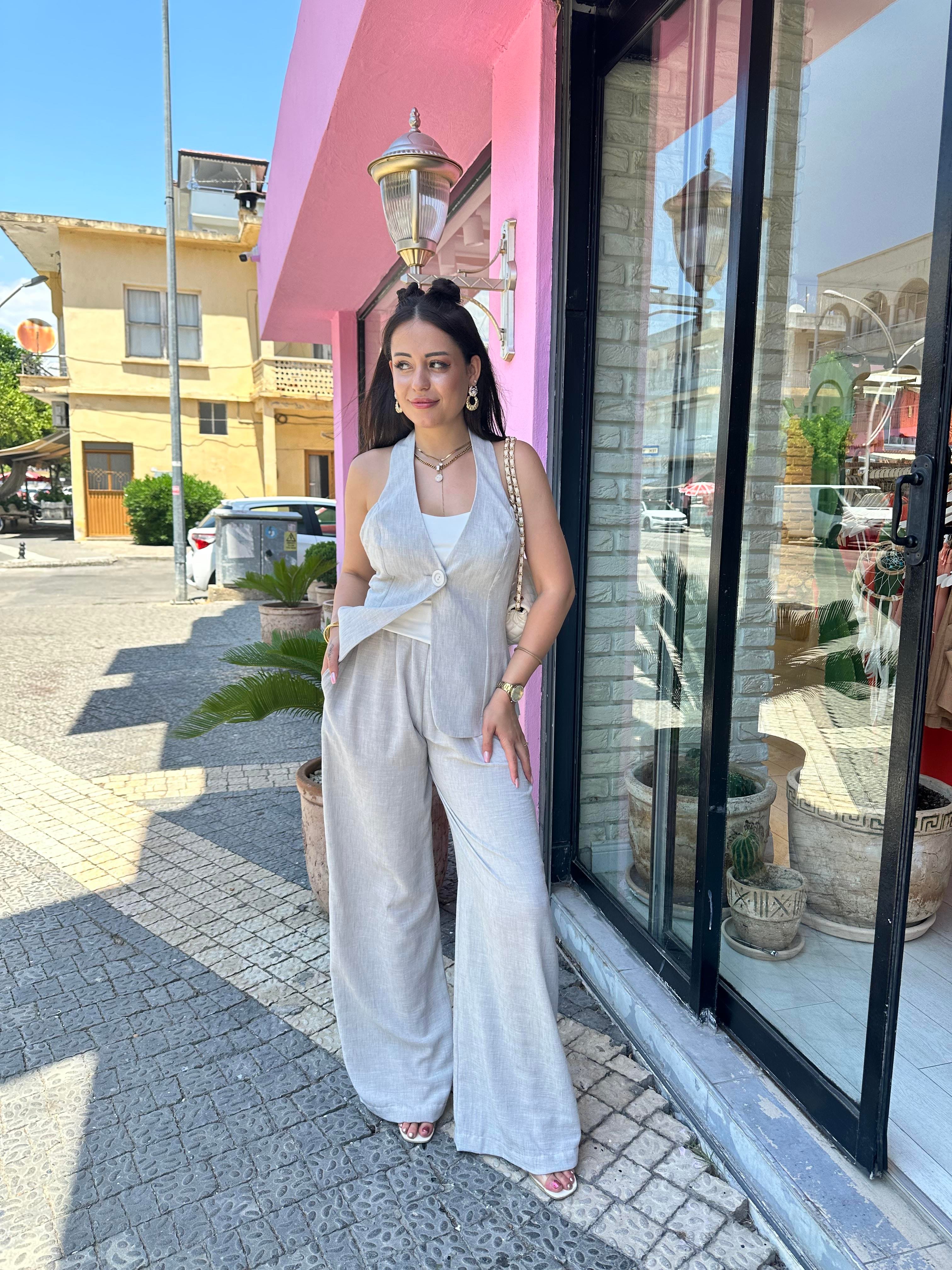 Tek Düğmeli Yelekli Keten Takım Gri