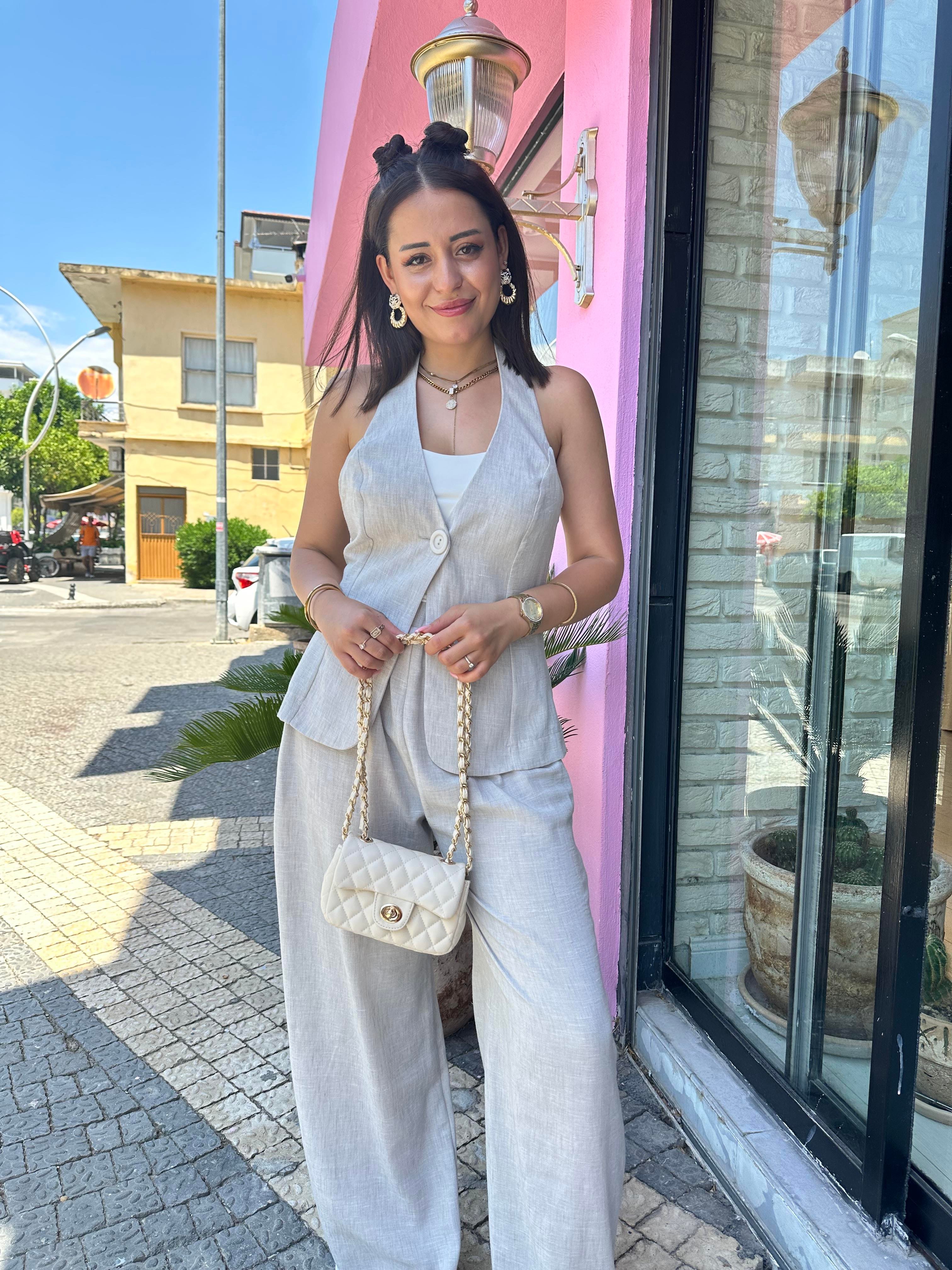 Tek Düğmeli Yelekli Keten Takım Gri