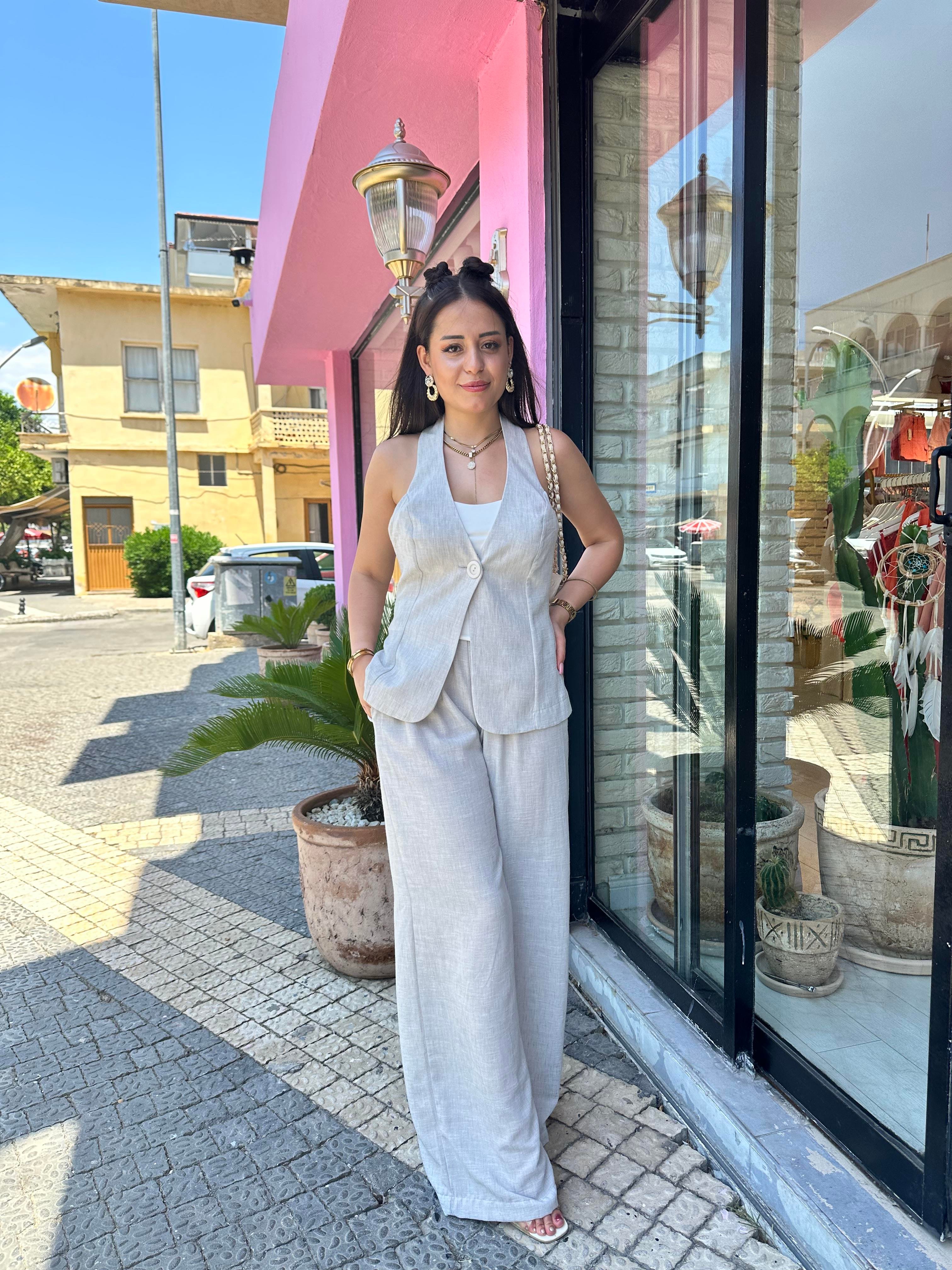 Tek Düğmeli Yelekli Keten Takım Gri