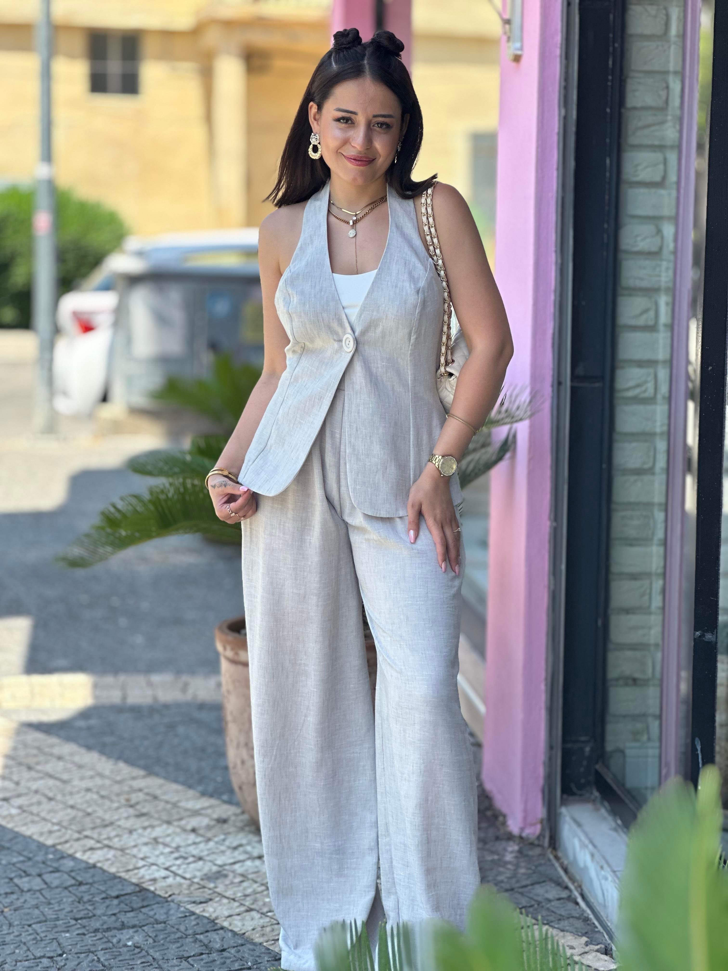 Tek Düğmeli Yelekli Keten Takım Gri