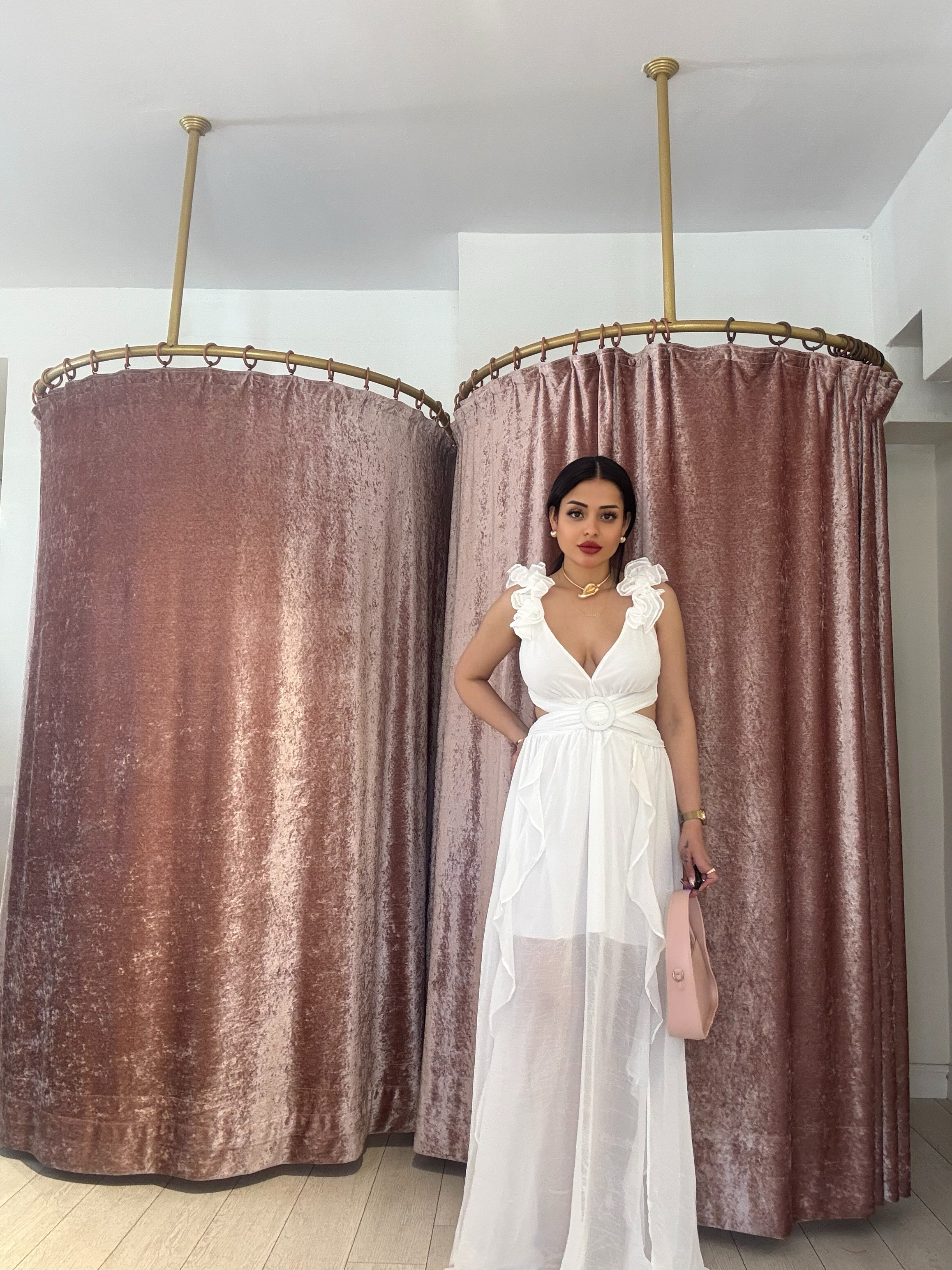 Toka Detay Uzun Elbise Beyaz