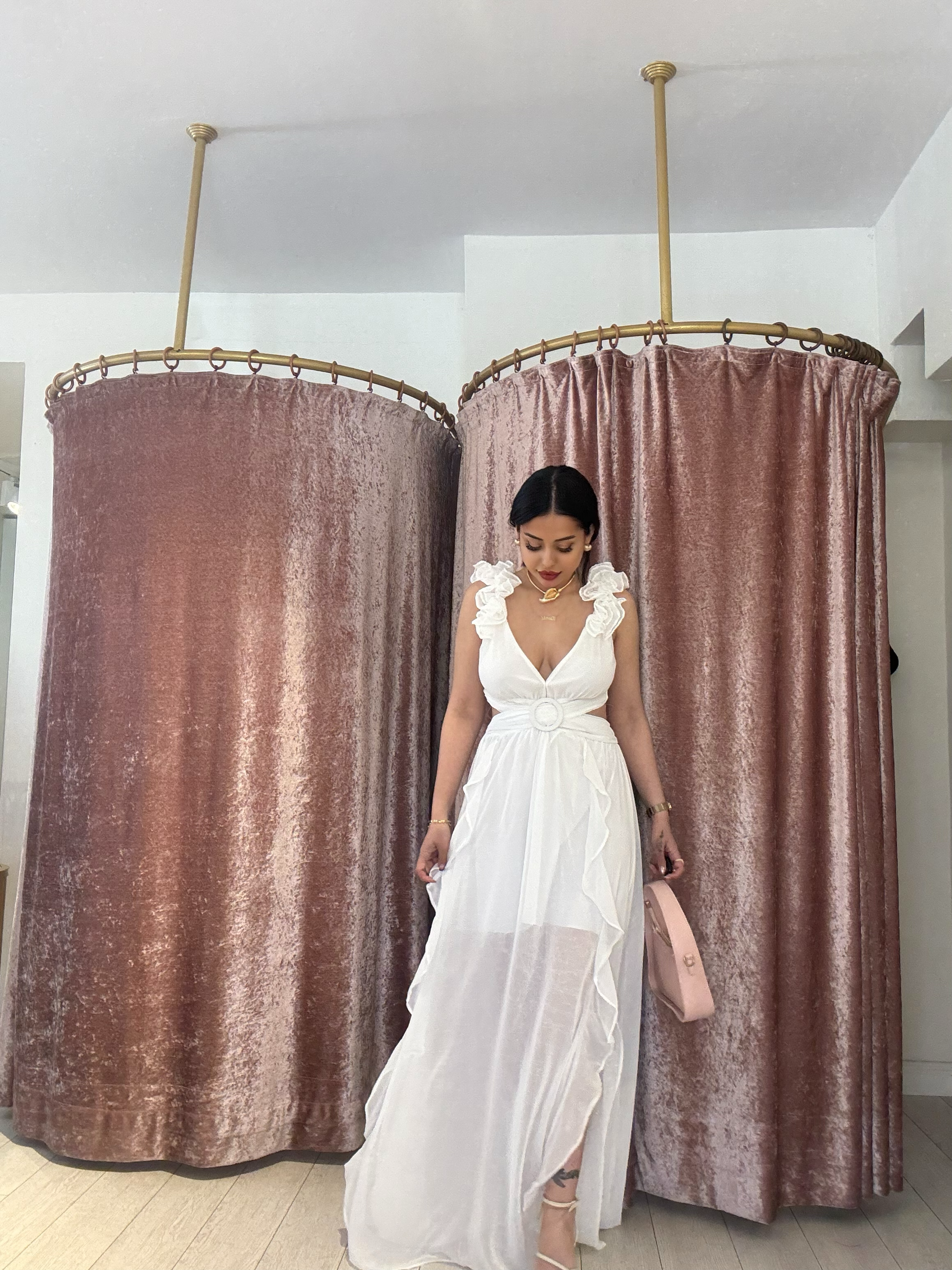 Toka Detay Uzun Elbise Beyaz