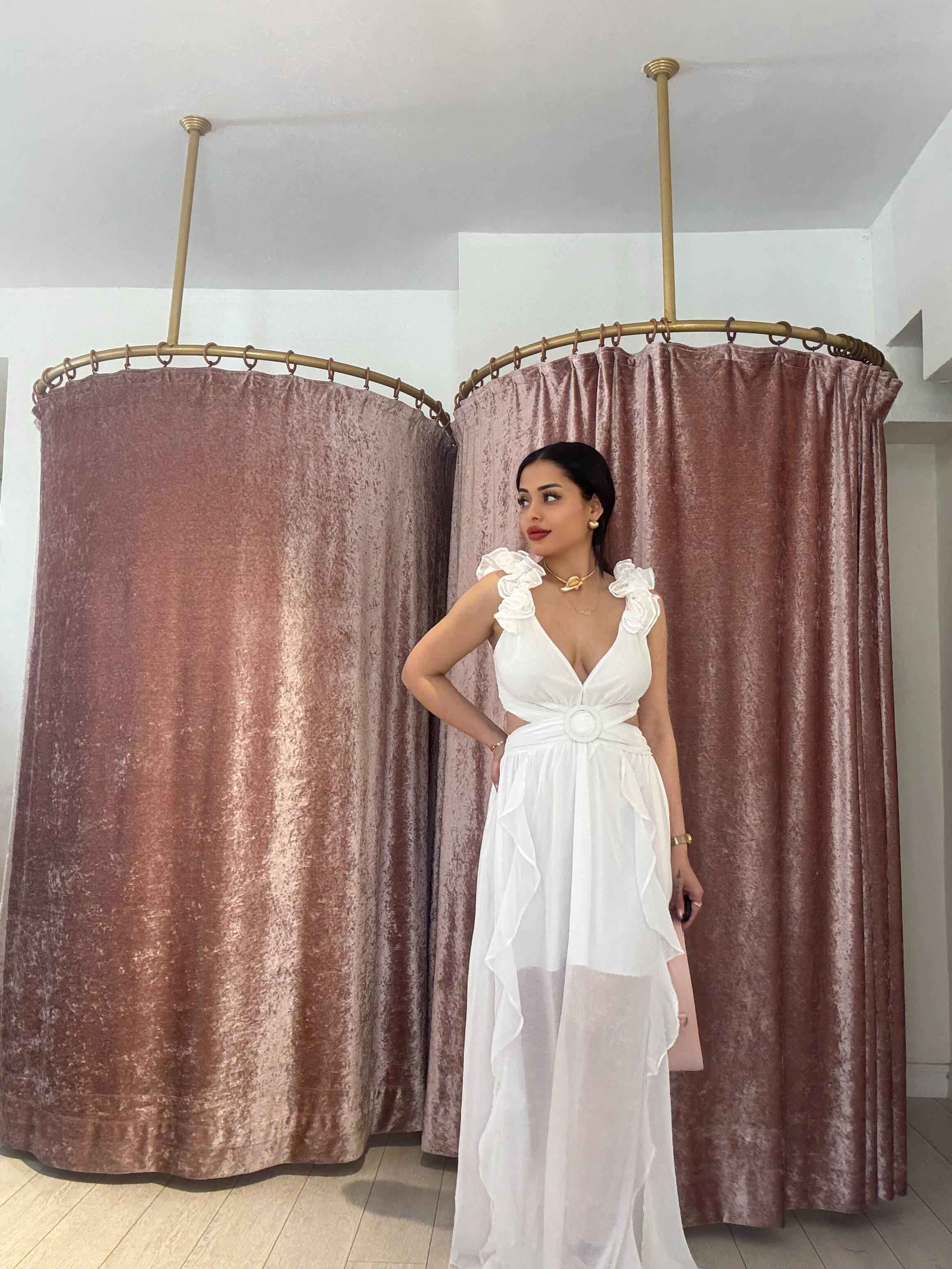 Toka Detay Uzun Elbise Beyaz