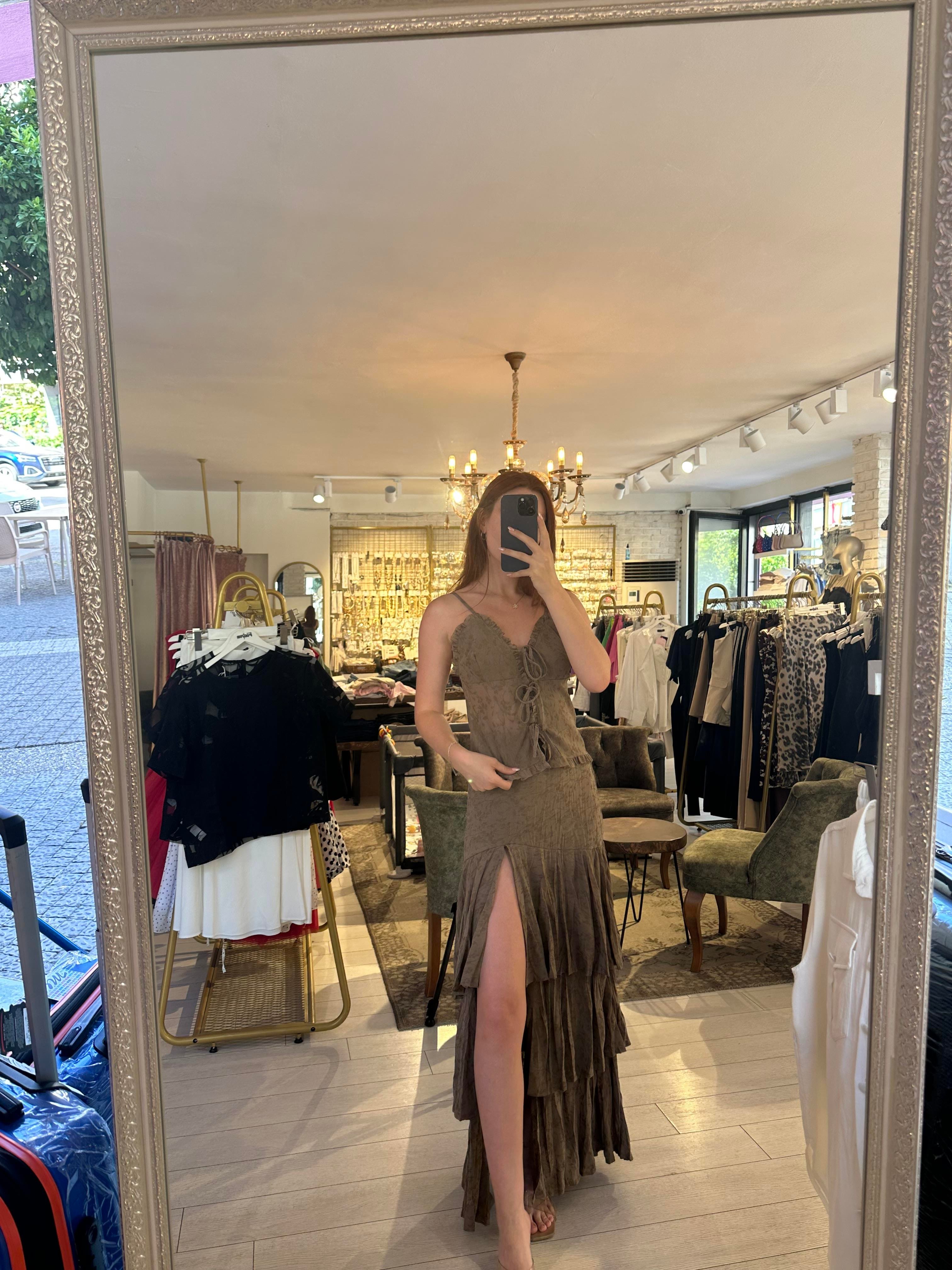 Uzun Yırtmaç Detay Etek Kahverengi 