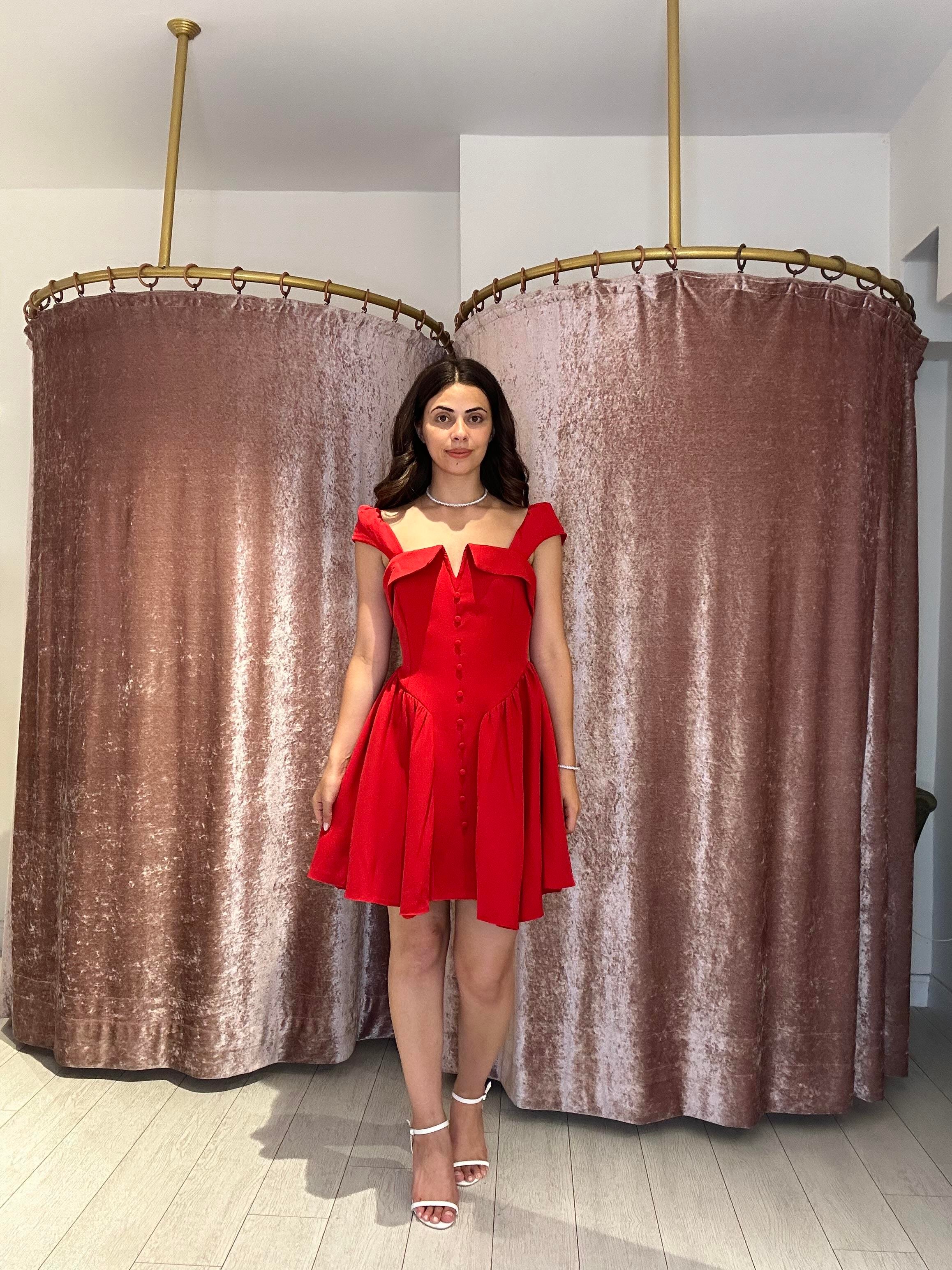 Yaka Ve Düğme Detaylı Elbise Kırmızı