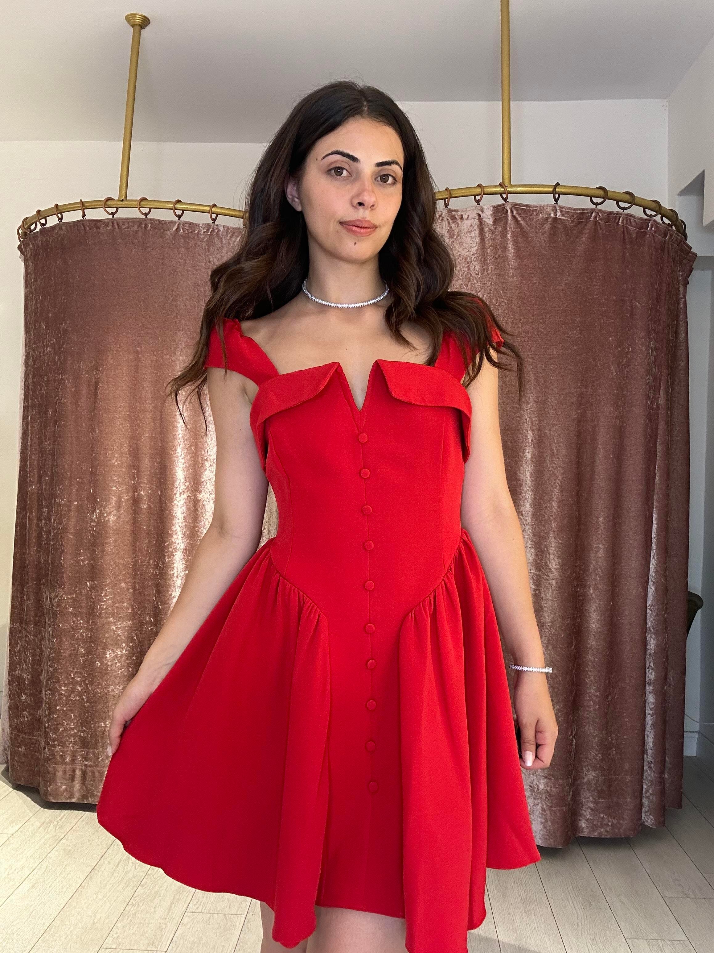 Yaka Ve Düğme Detaylı Elbise Kırmızı