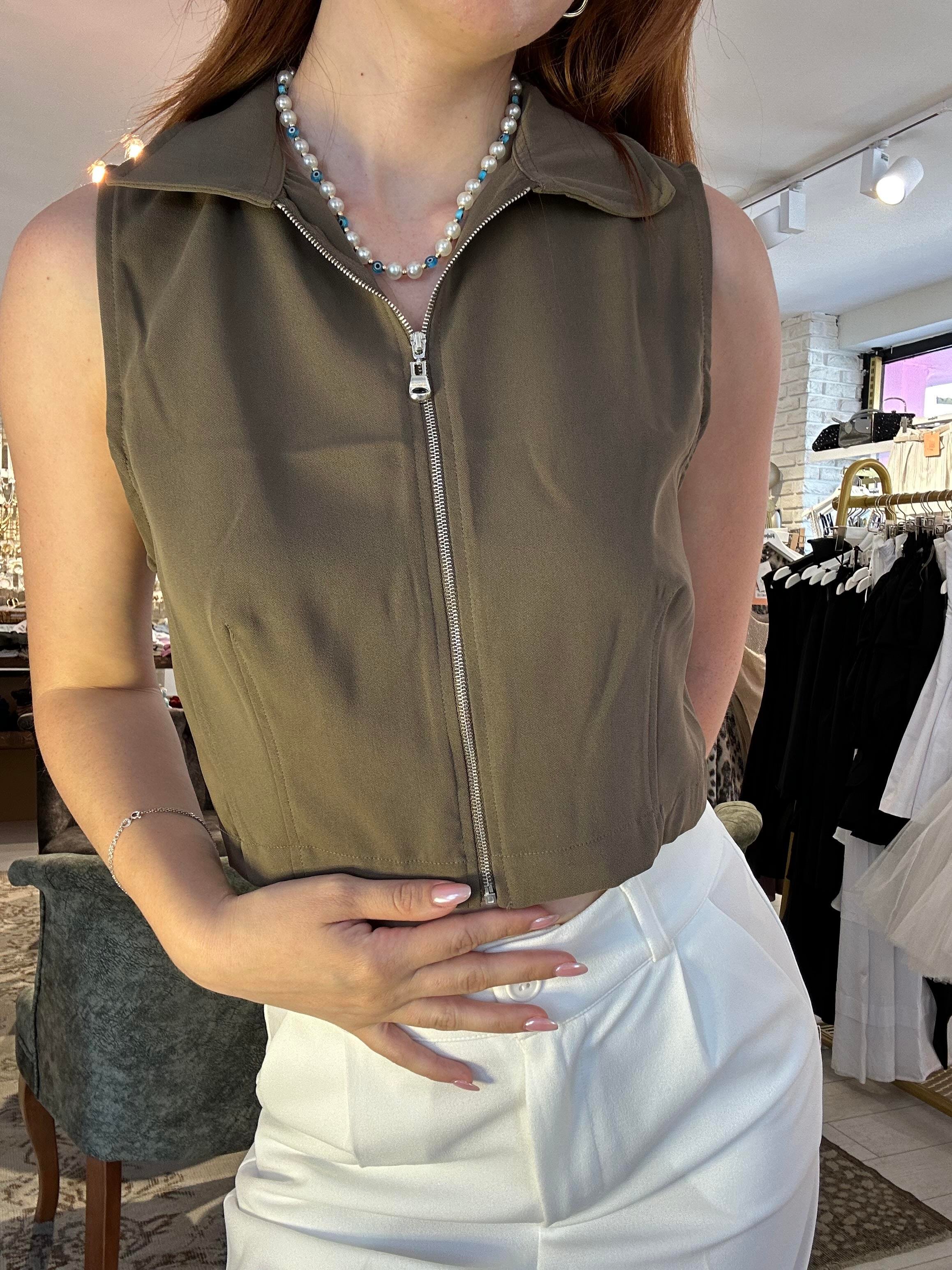 Yakalı Fermuarlı Crop Haki