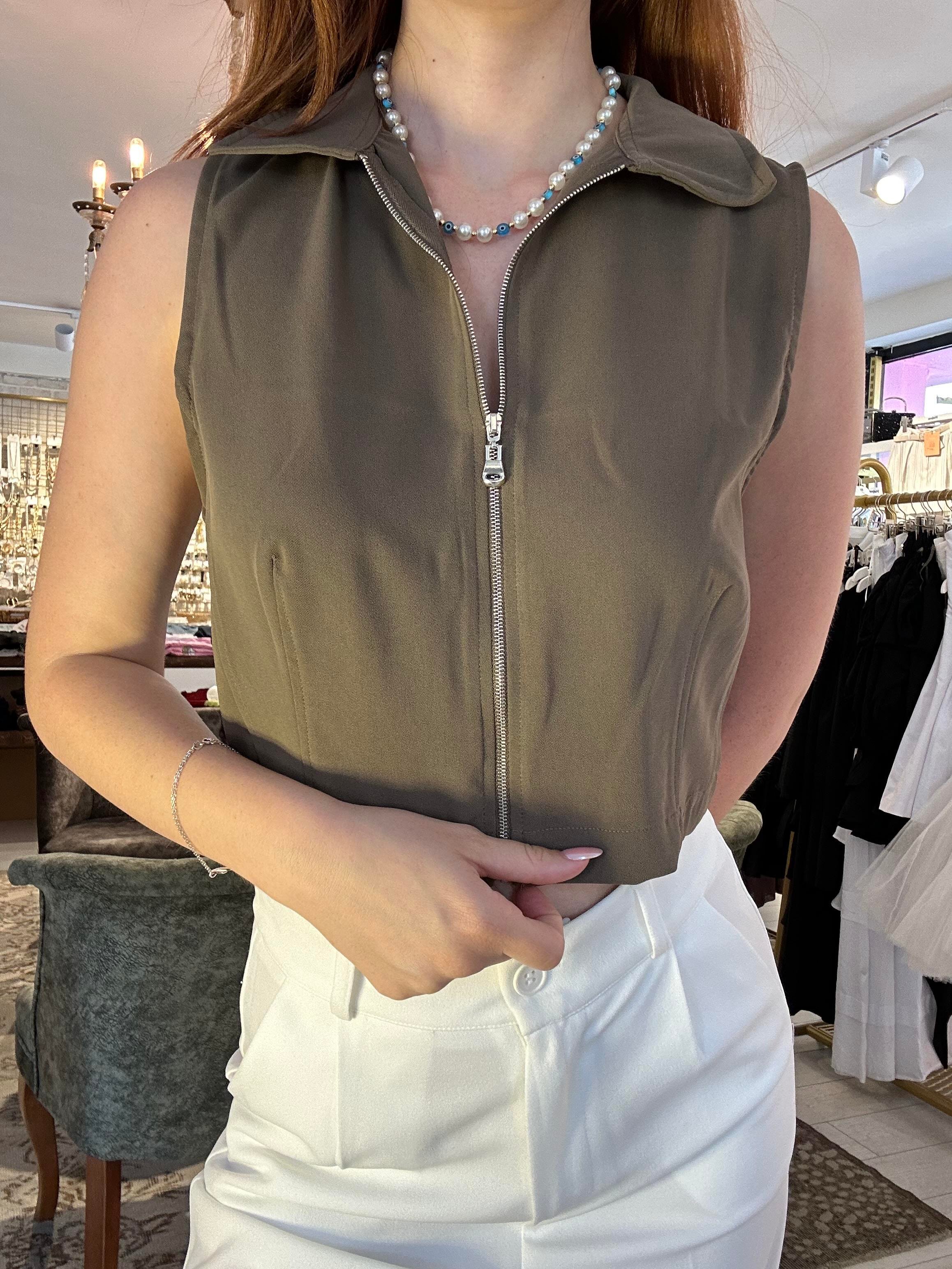 Yakalı Fermuarlı Crop Kahverengi