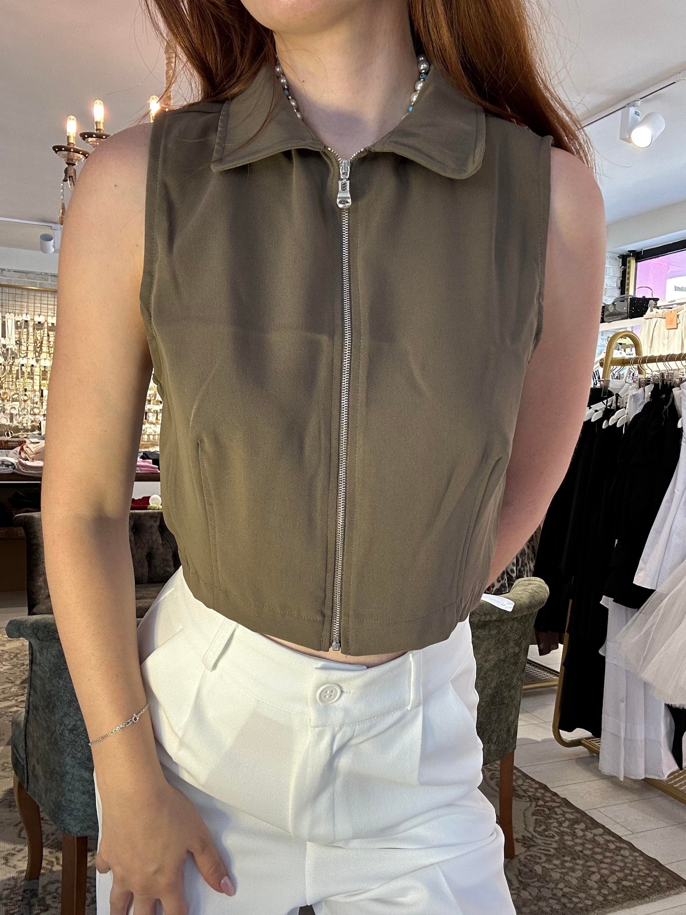 Yakalı Fermuarlı Crop Kahverengi