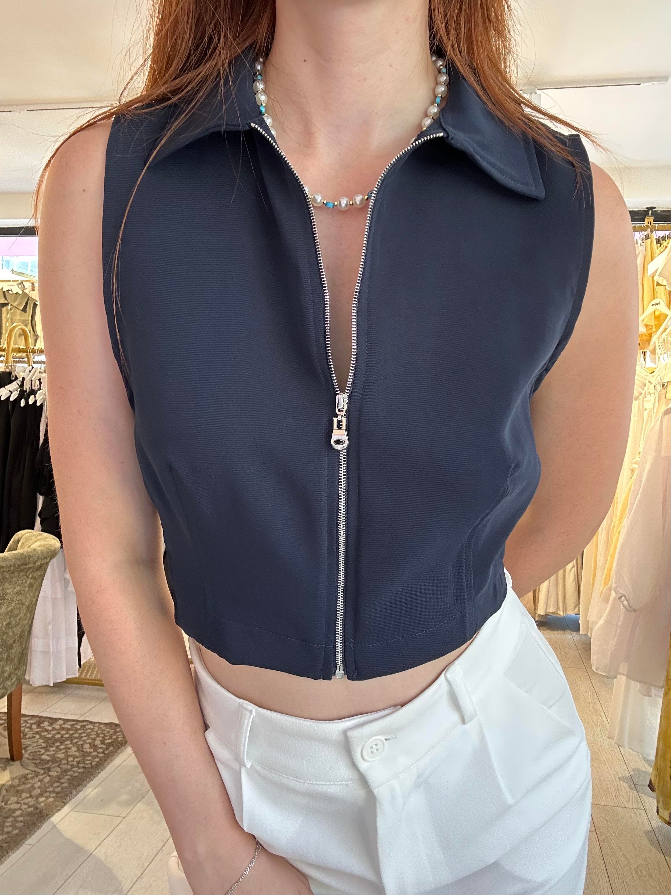 Yakalı Fermuarlı Crop Lacivert