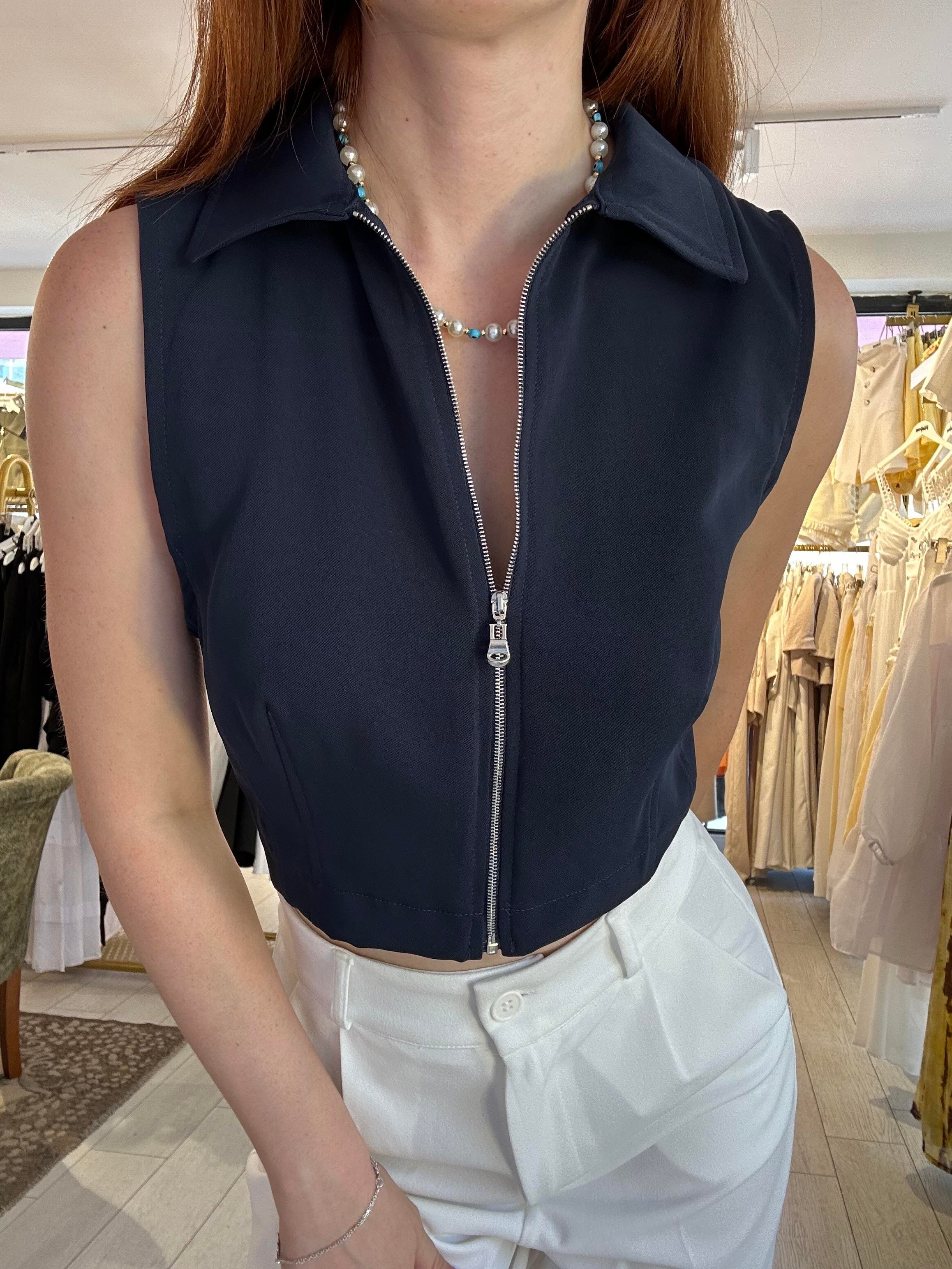 Yakalı Fermuarlı Crop Lacivert