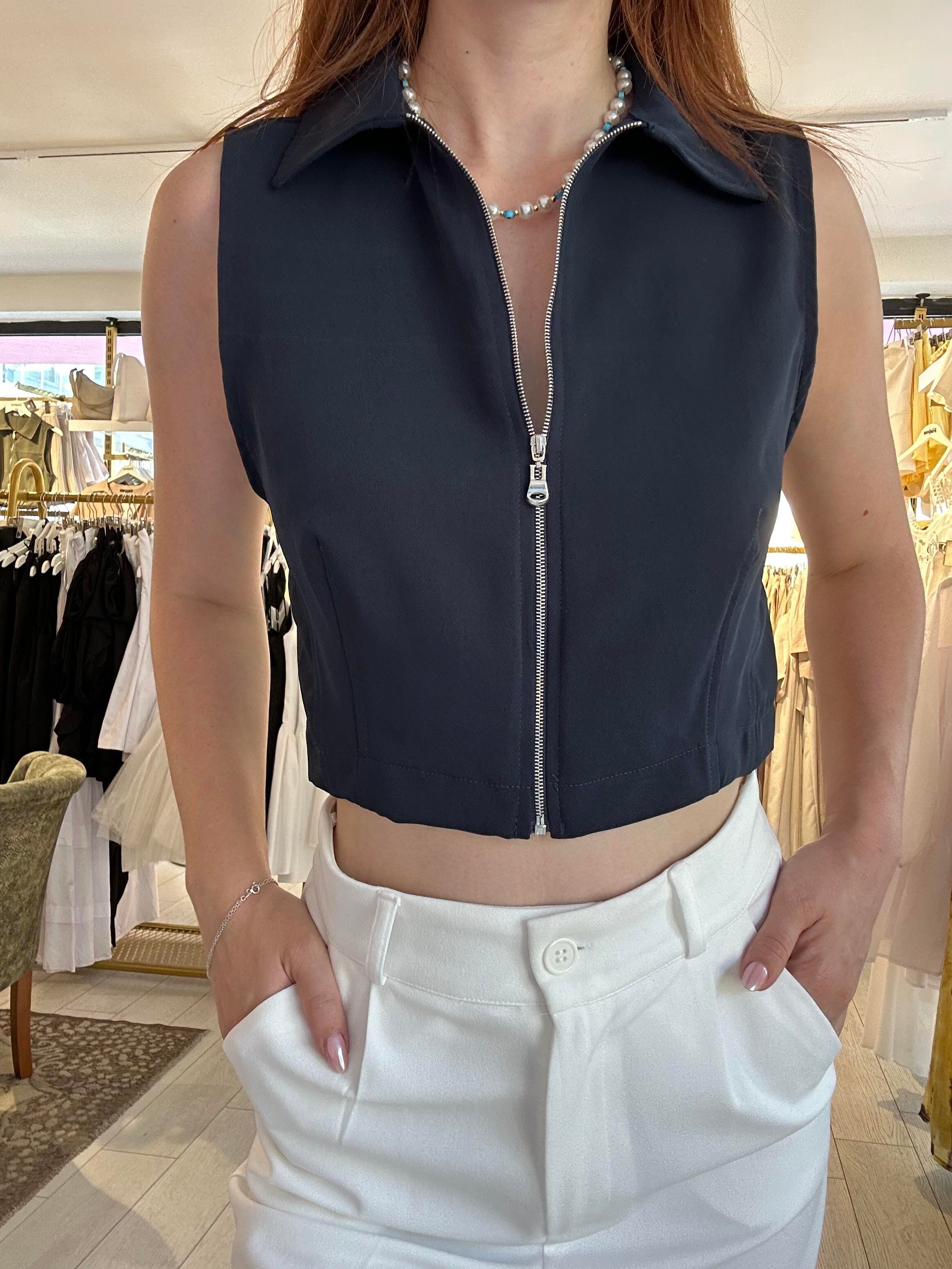 Yakalı Fermuarlı Crop Lacivert