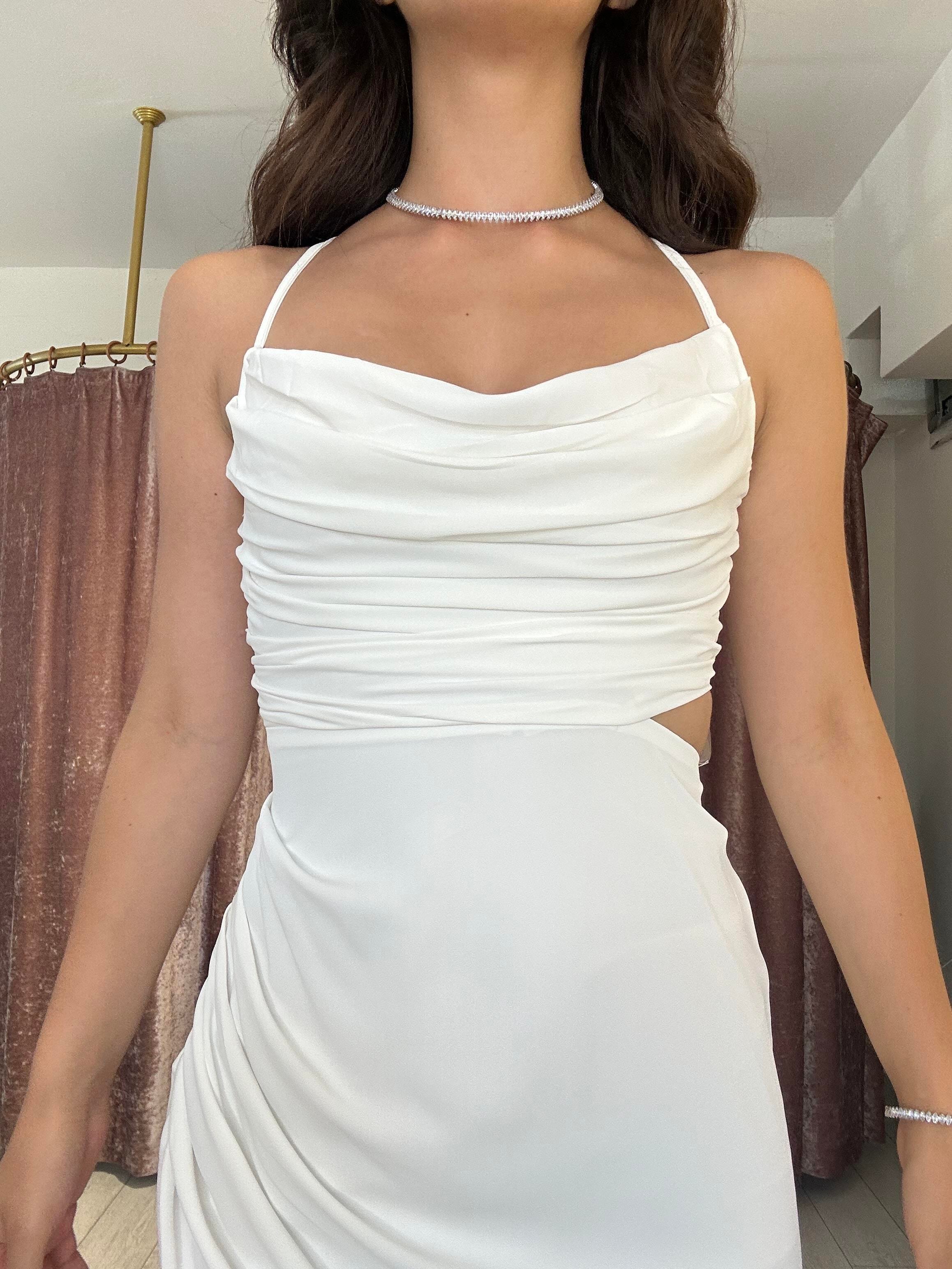 Yan Detay Yırtmaçlı Uzun Elbise Beyaz