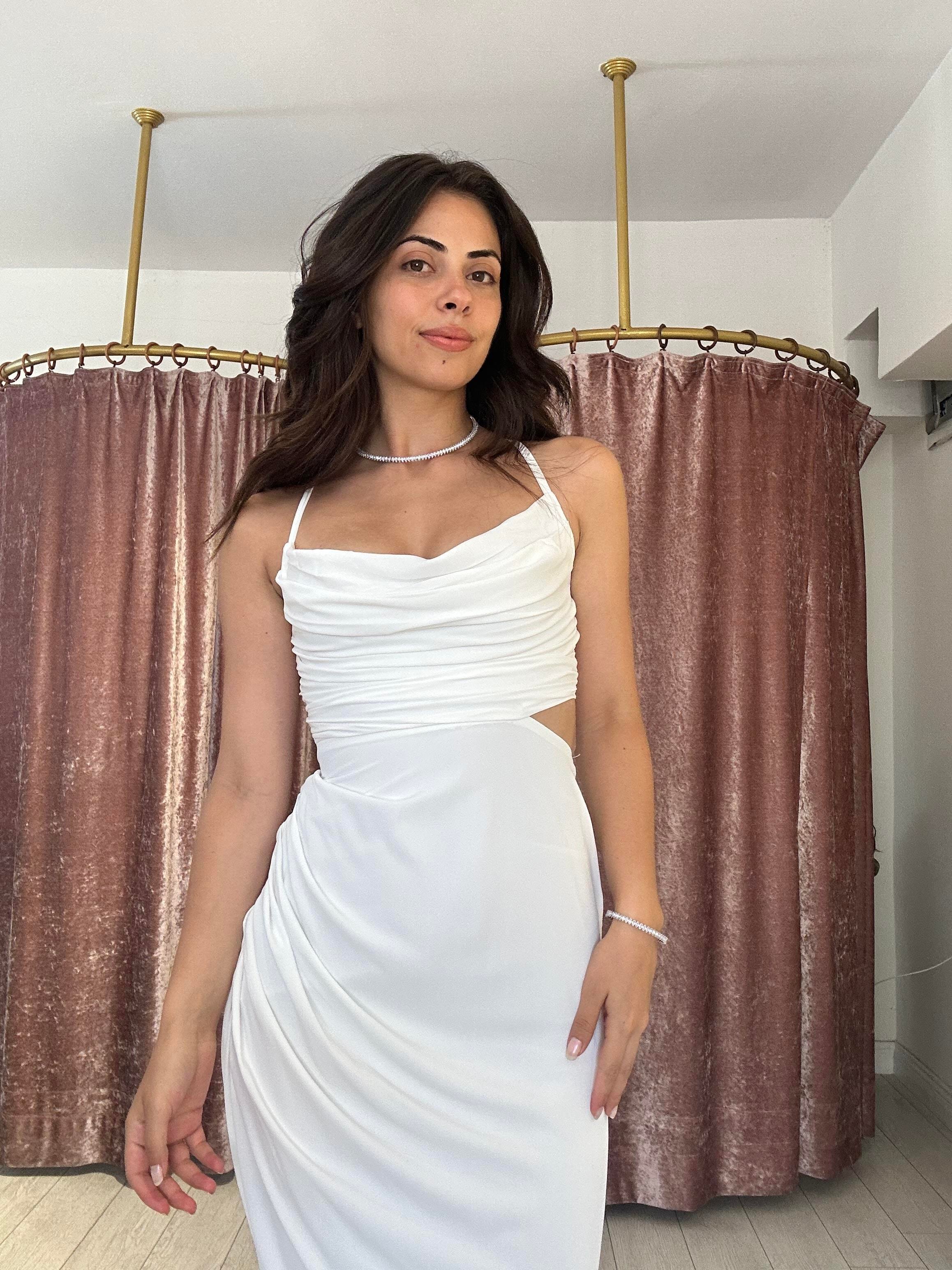 Yan Detay Yırtmaçlı Uzun Elbise Beyaz